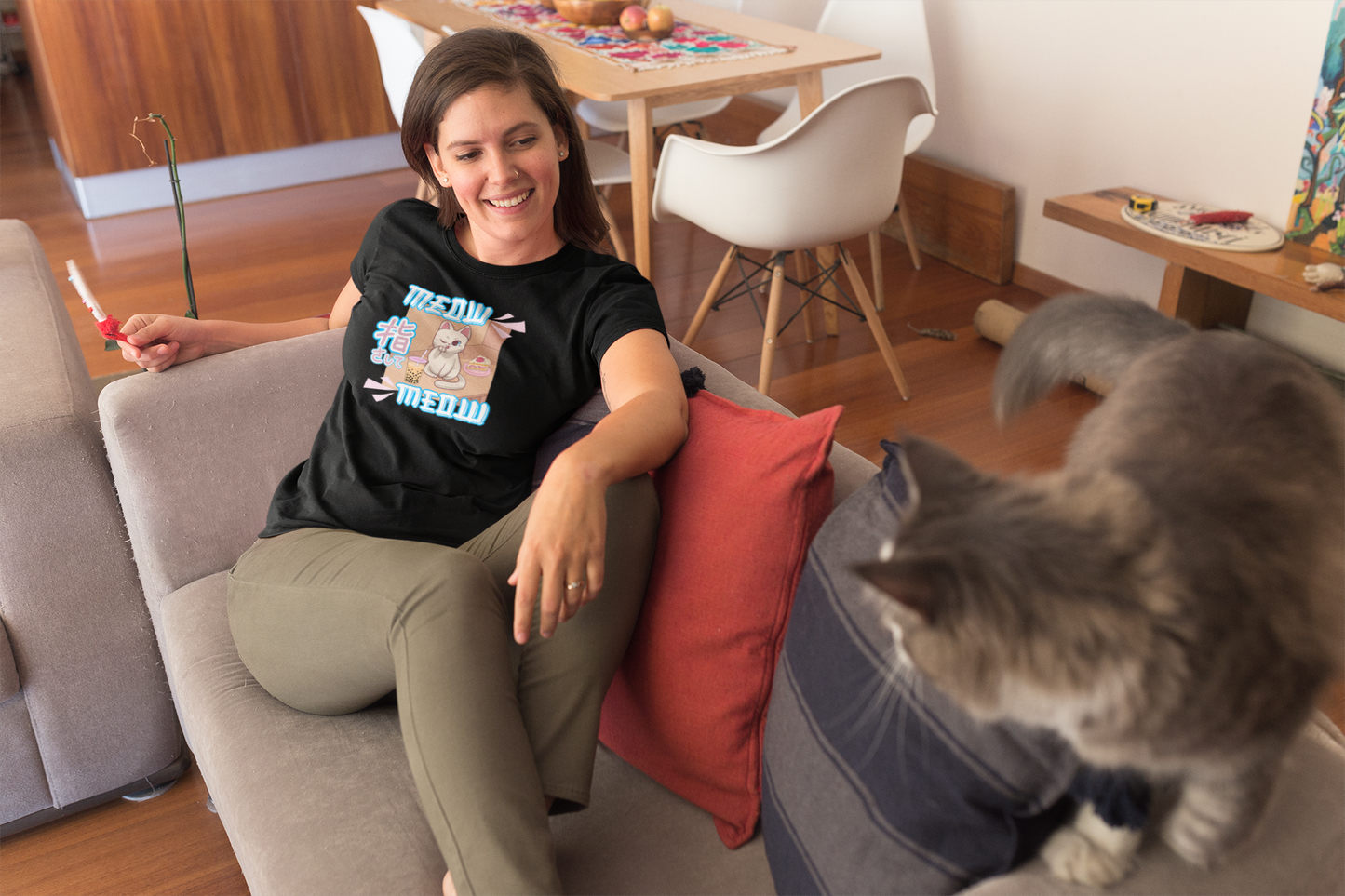 "Meow Meow Cat" - (Cute Japanese Style Cat, Unisex Jersey Tee - Fun & Playful Design)