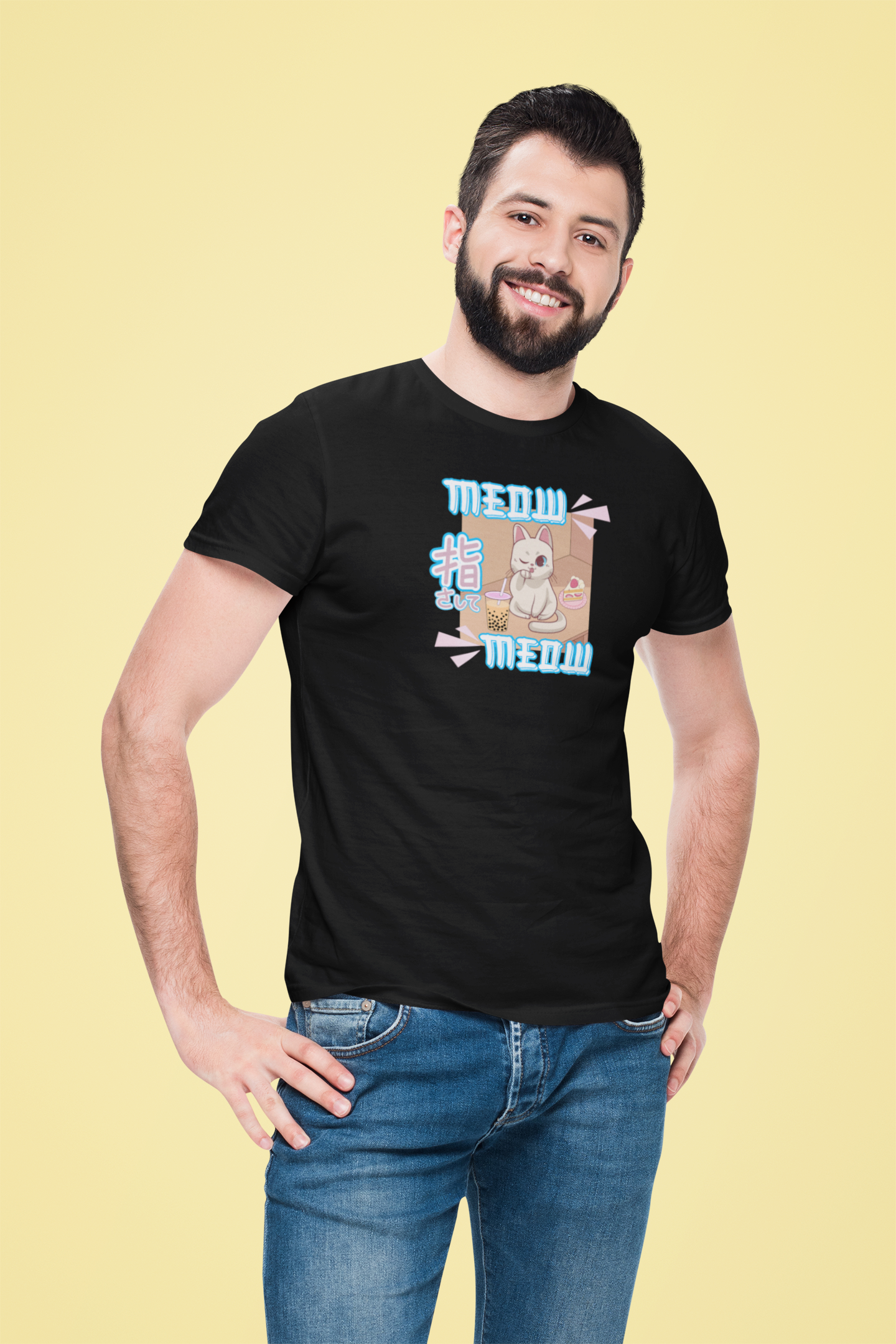"Meow Meow Cat" - (Cute Japanese Style Cat, Unisex Jersey Tee - Fun & Playful Design)