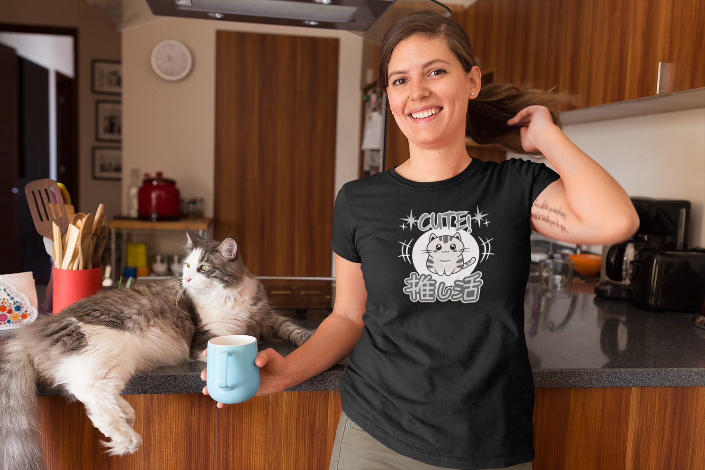 Cute Japanese Style Cat - (Grey Tone - Unisex Jersey Short Sleeve Tee for Cat Lovers)