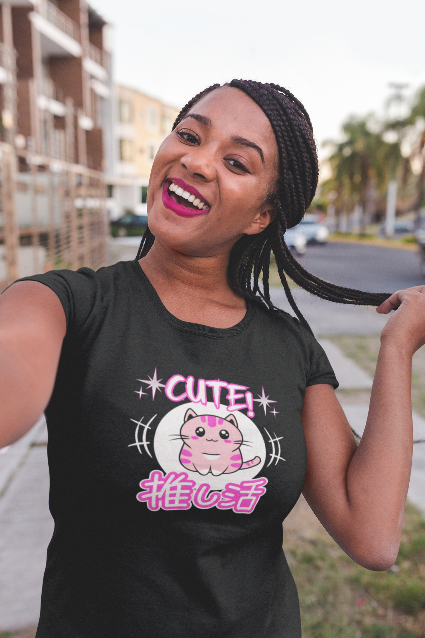 Cute Japanese Style Cat - (Pink Version - Unisex Jersey Short Sleeve Tee for Cat Lovers)