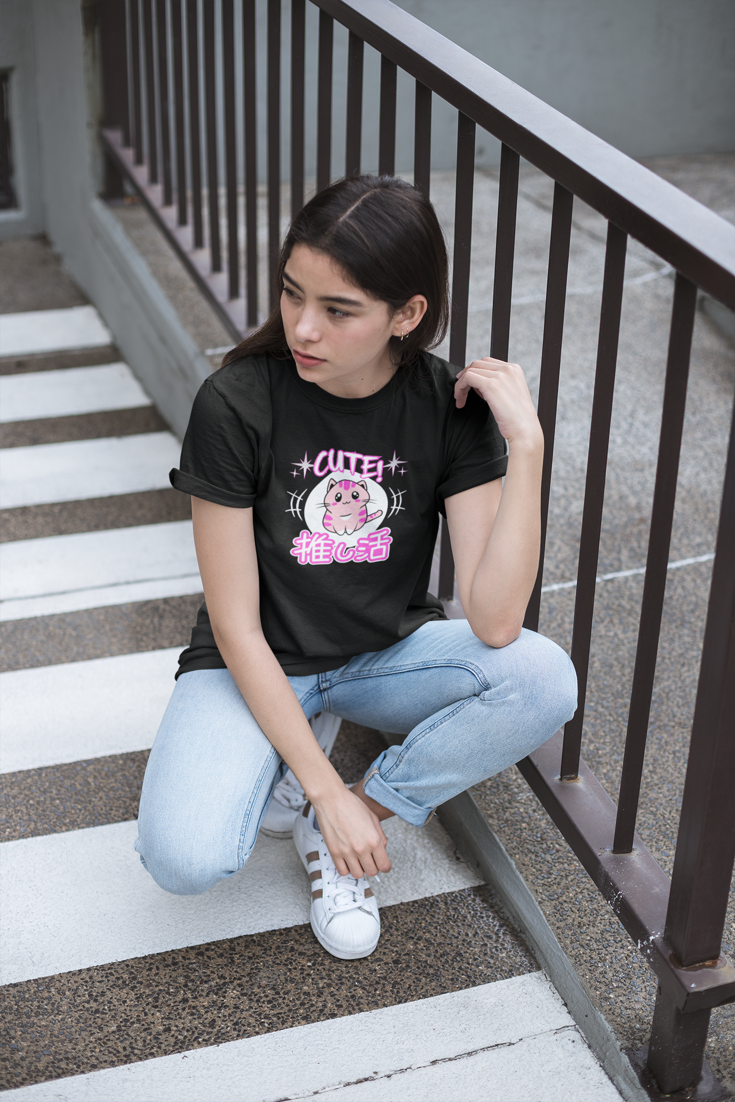 Cute Japanese Style Cat - (Pink Version - Unisex Jersey Short Sleeve Tee for Cat Lovers)