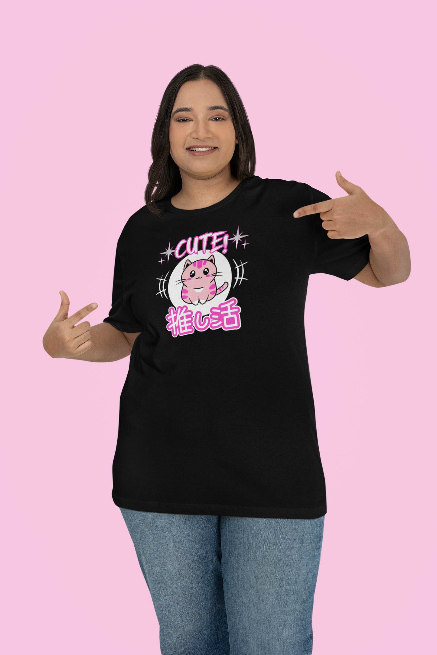 Cute Japanese Style Cat - (Pink Version - Unisex Jersey Short Sleeve Tee for Cat Lovers)