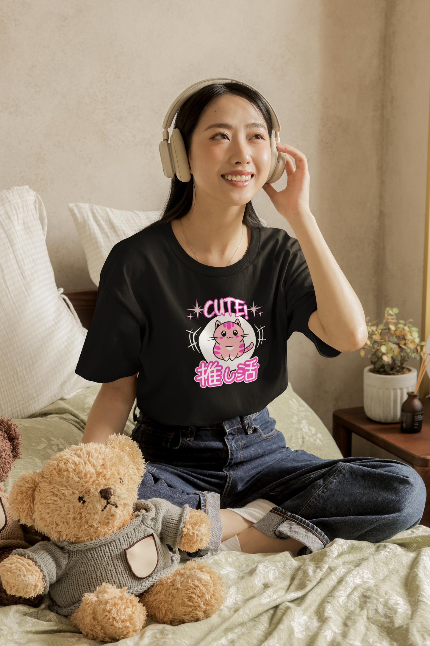 Cute Japanese Style Cat - (Pink Version - Unisex Jersey Short Sleeve Tee for Cat Lovers)