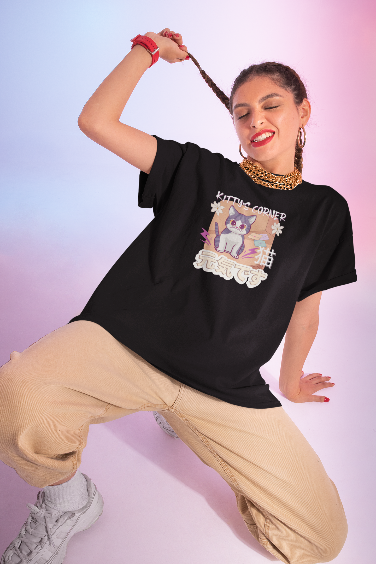 "Kitty's Corner" Japanese Anime Style Graphic T-Shirt - (Unisex Jersey Short Sleeve Tee for Cat Lovers)