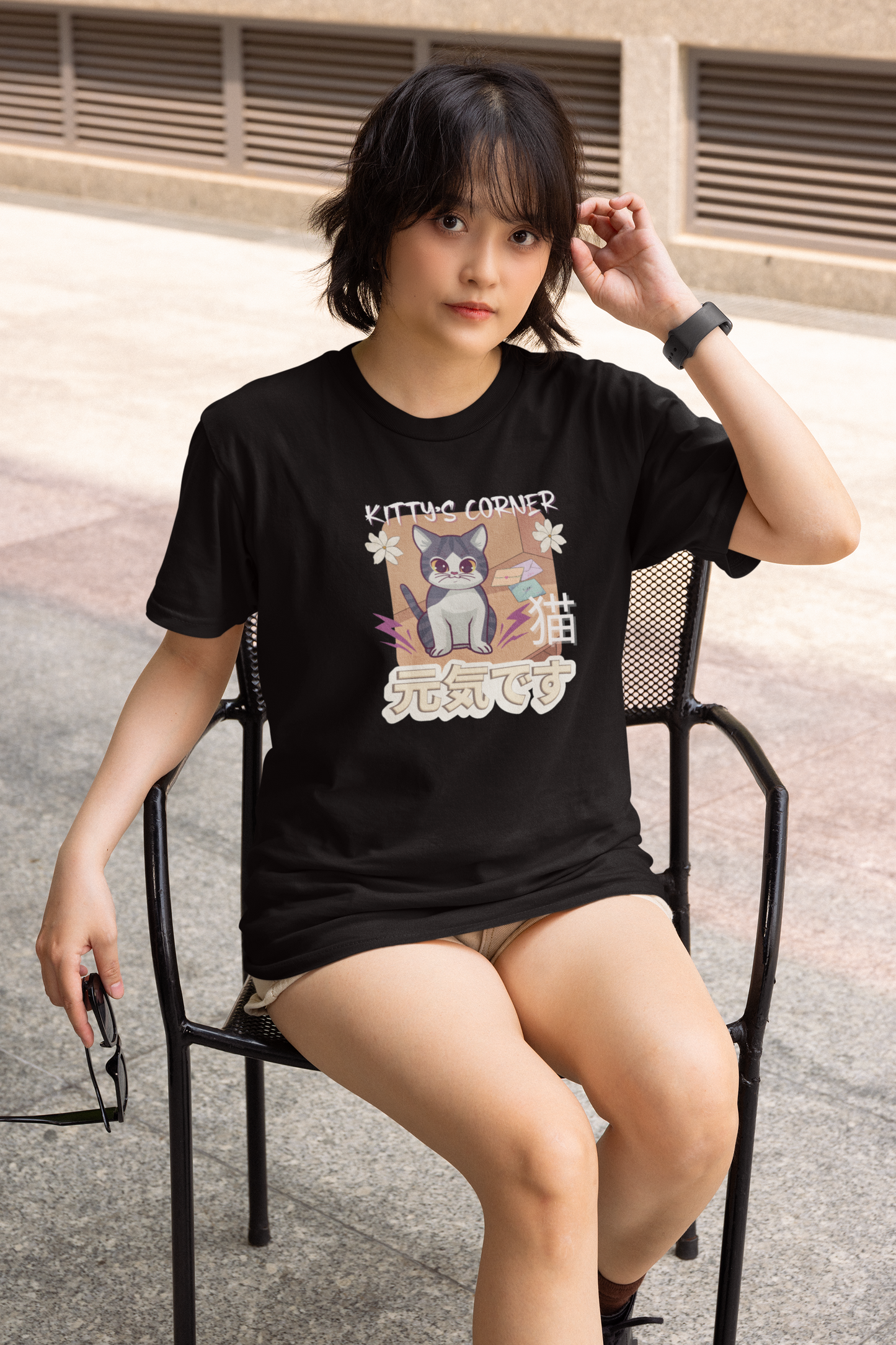 "Kitty's Corner" Japanese Anime Style Graphic T-Shirt - (Unisex Jersey Short Sleeve Tee for Cat Lovers)
