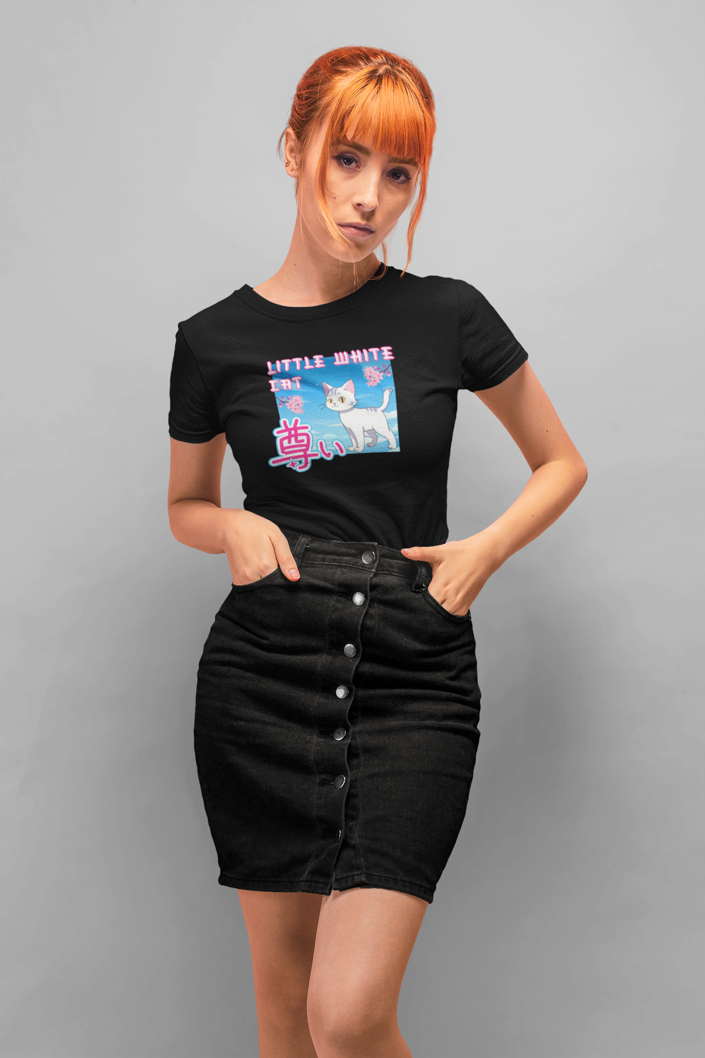 "Little White Cat" - Anime Style Design for Cat Lovers - (Unisex Jersey Short Sleeve Tee - Cute Cat Graphic Tee)