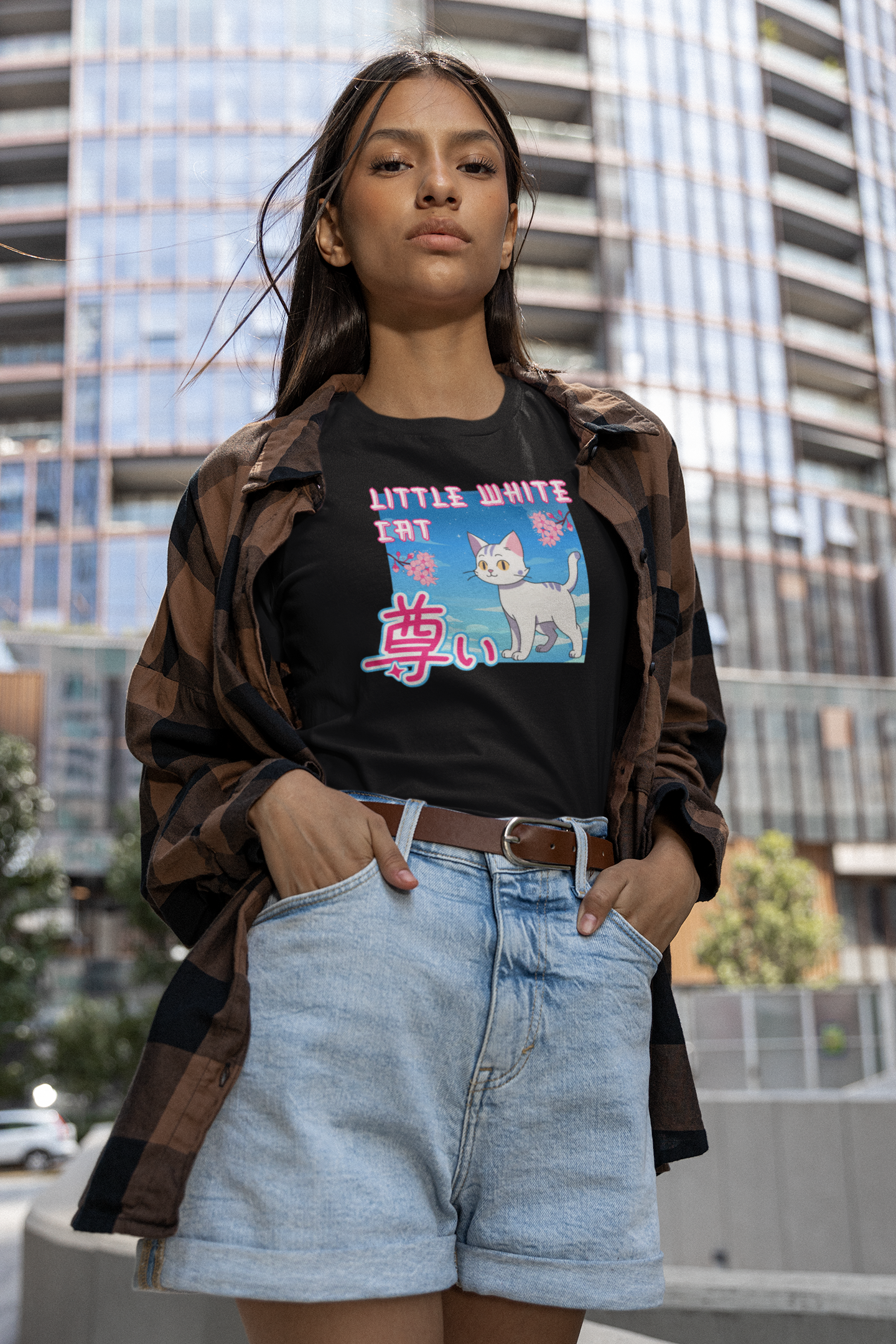 "Little White Cat" - Anime Style Design for Cat Lovers - (Unisex Jersey Short Sleeve Tee - Cute Cat Graphic Tee)