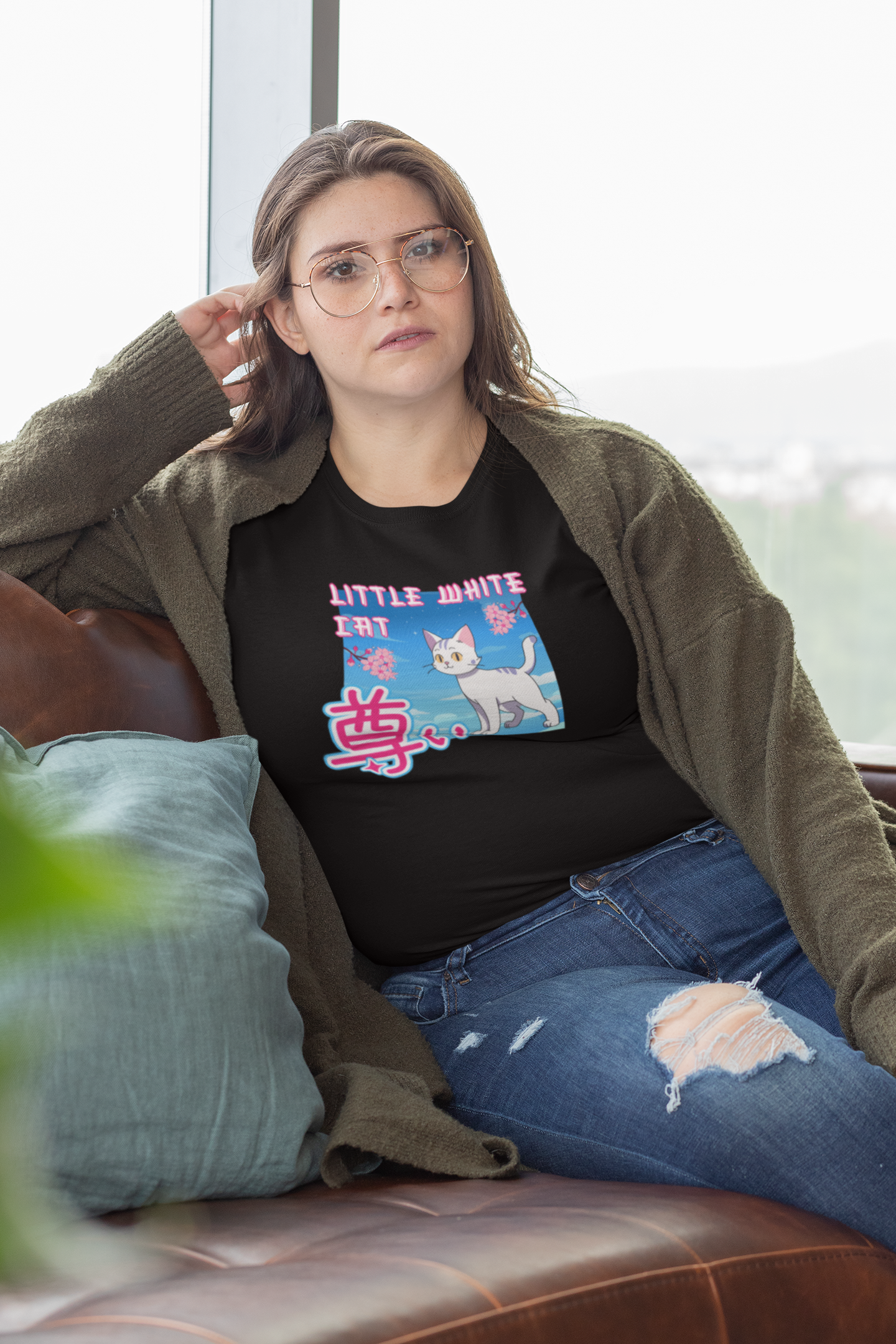 "Little White Cat" - Anime Style Design for Cat Lovers - (Unisex Jersey Short Sleeve Tee - Cute Cat Graphic Tee)