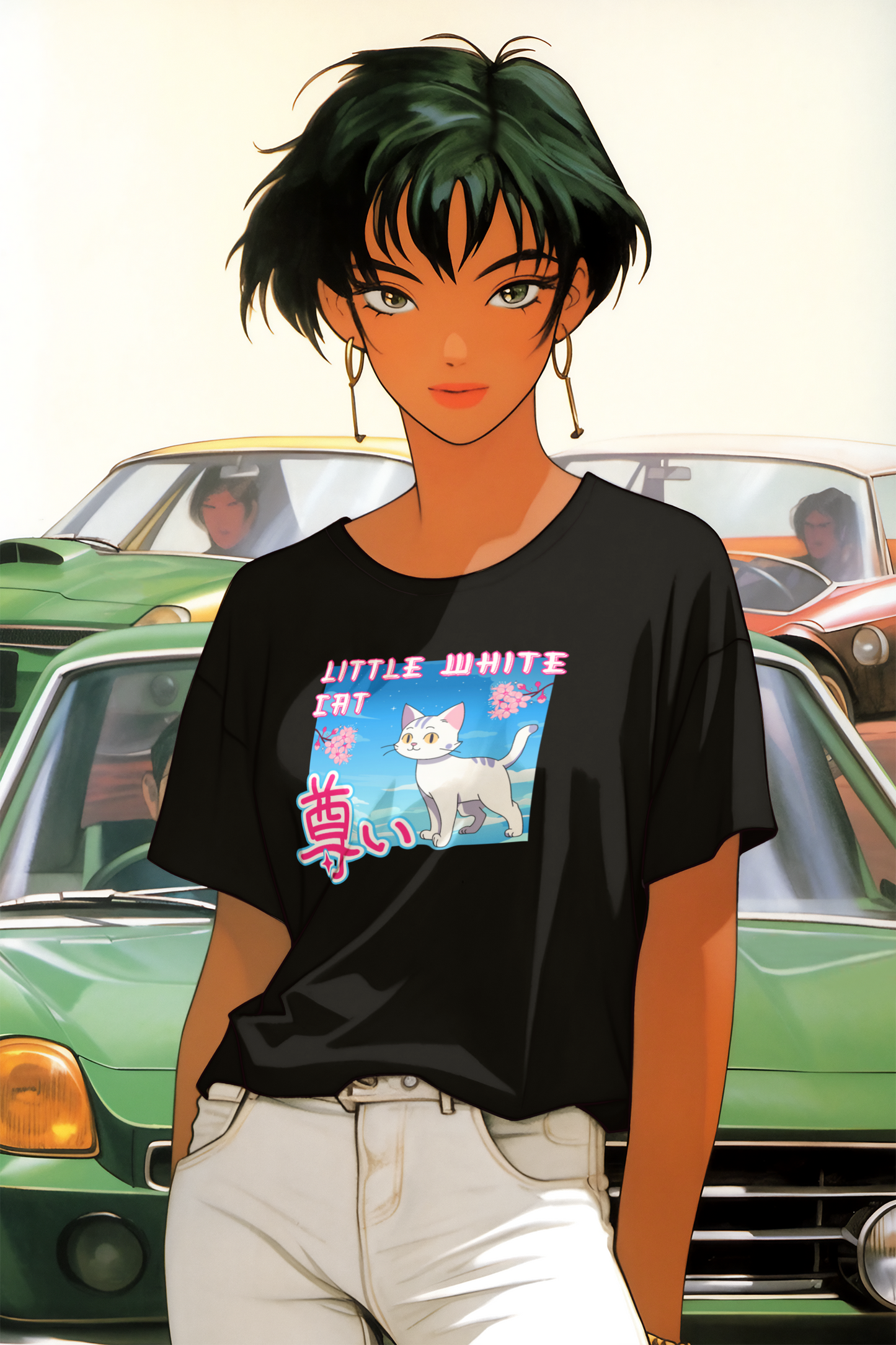 "Little White Cat" - Anime Style Design for Cat Lovers - (Unisex Jersey Short Sleeve Tee - Cute Cat Graphic Tee)
