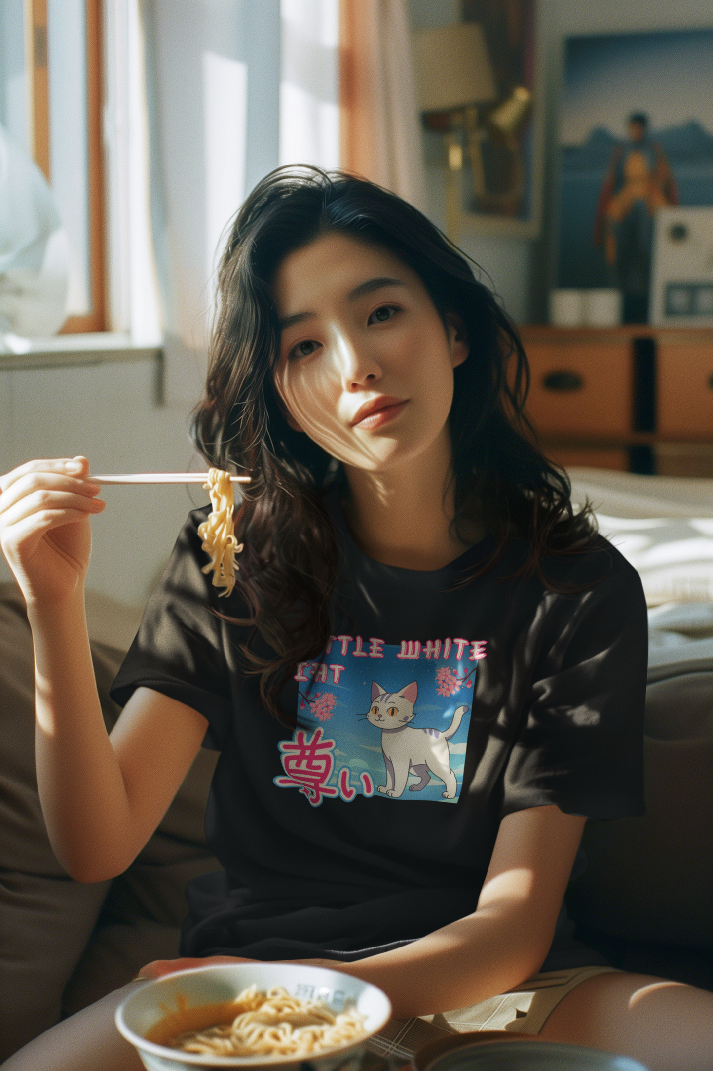 "Little White Cat" - Anime Style Design for Cat Lovers - (Unisex Jersey Short Sleeve Tee - Cute Cat Graphic Tee)