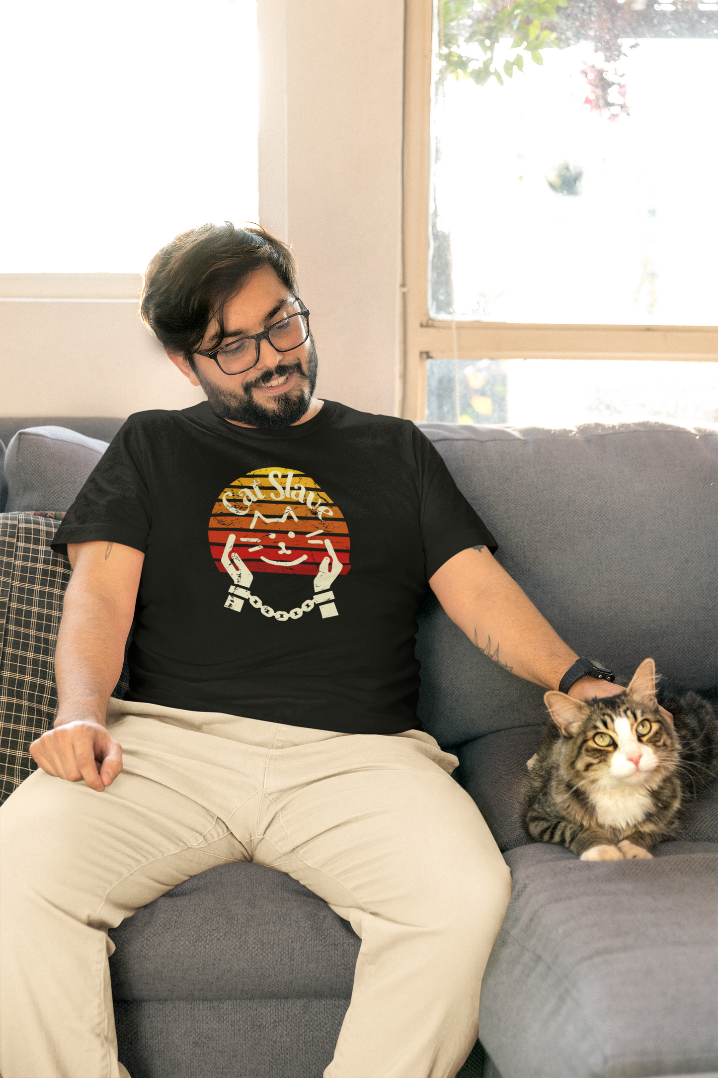Cat Slave Vintage Sunset T-Shirt - (Unisex Jersey Tee - Casual & Trendy Distressed Style Design, Cat Fan Tee)