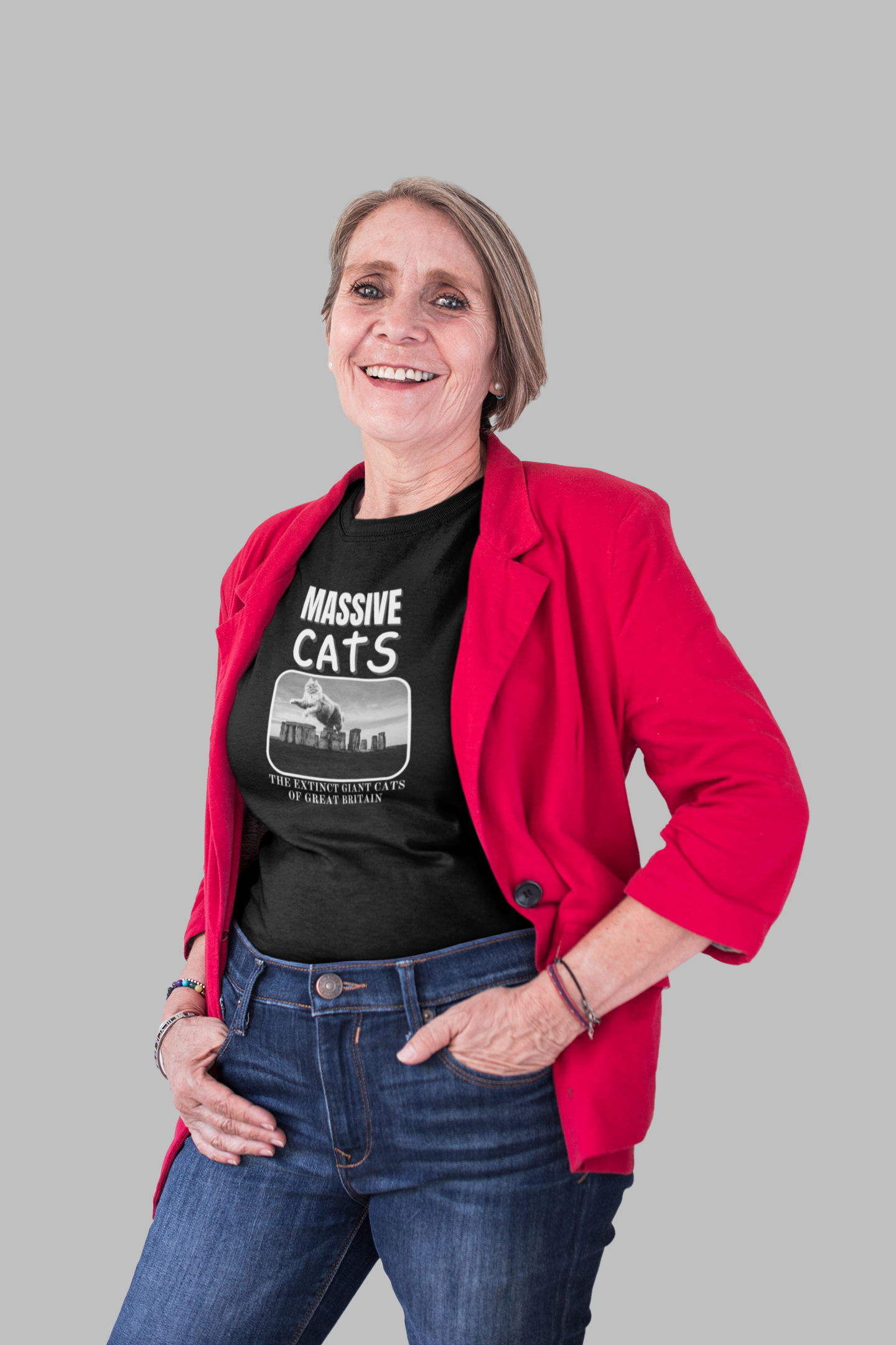 A Massive Cats T-Shirt - Huge Cat Jumping Over Stone Henge - (Funny Cat Unisex Jersey Tee - Perfect for Cat Fans!)