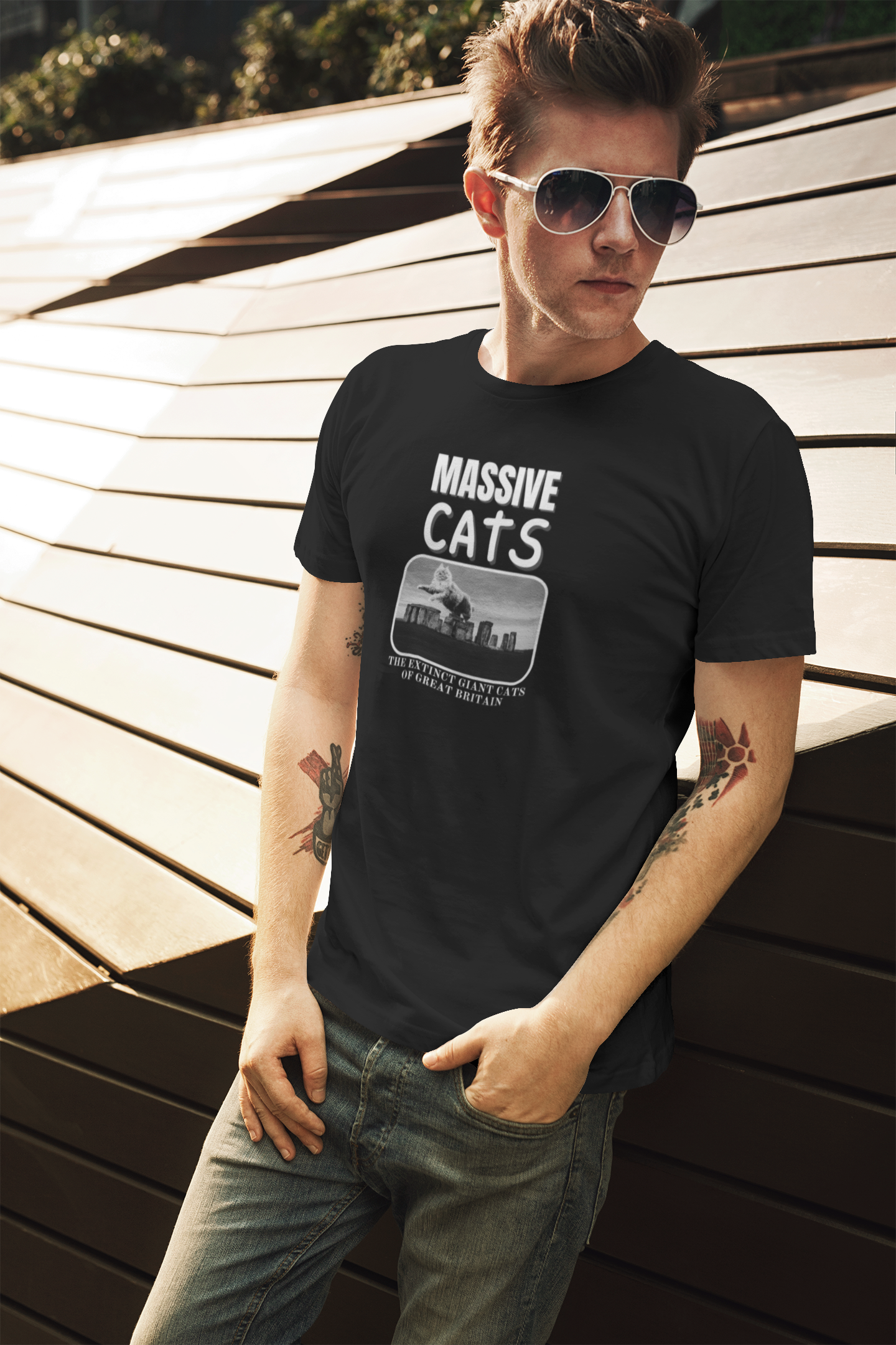 A Massive Cats T-Shirt - Huge Cat Jumping Over Stone Henge - (Funny Cat Unisex Jersey Tee - Perfect for Cat Fans!)