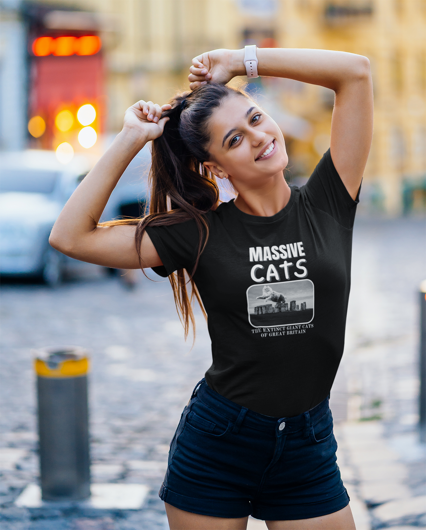 A Massive Cats T-Shirt - Huge Cat Jumping Over Stone Henge - (Funny Cat Unisex Jersey Tee - Perfect for Cat Fans!)