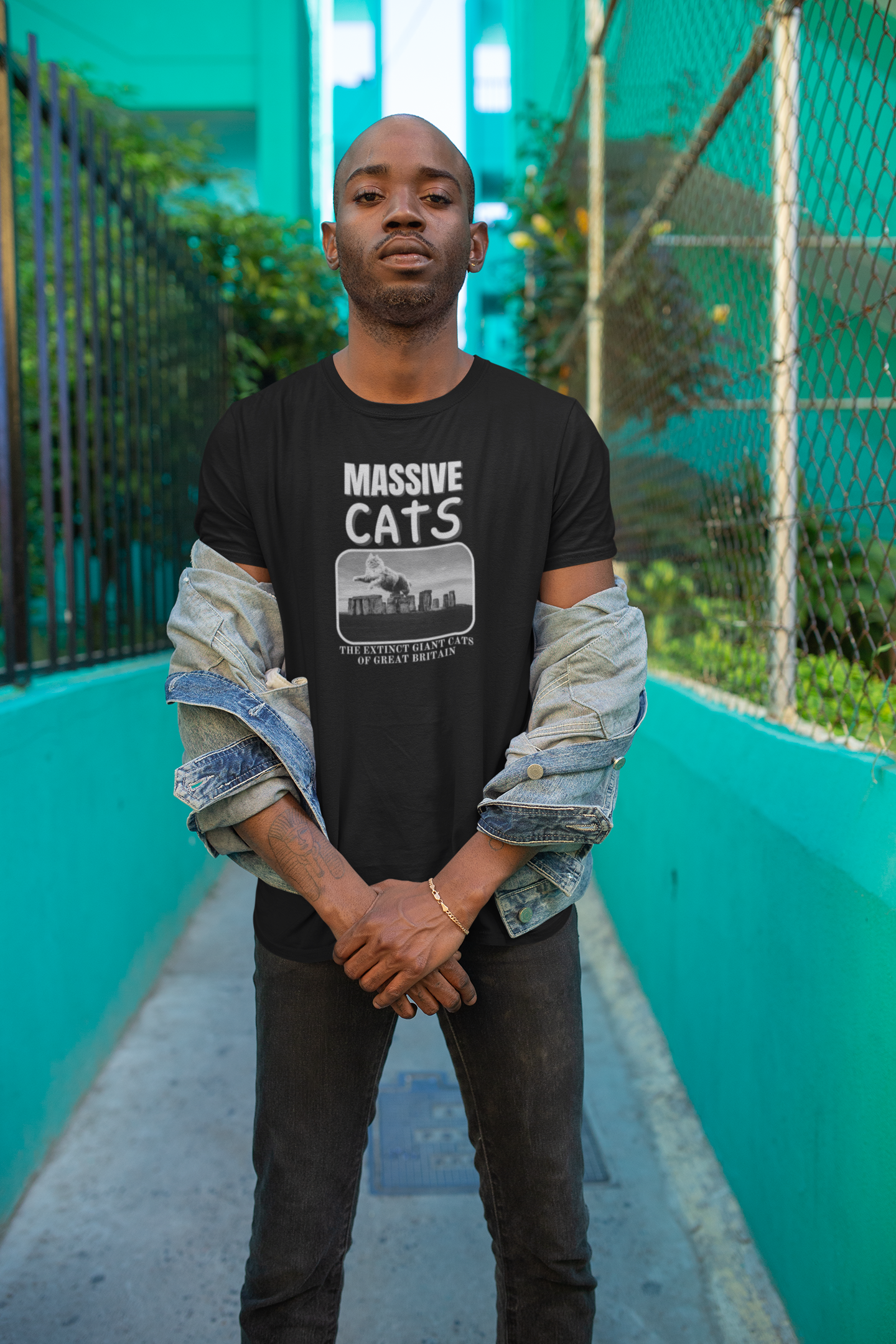 A Massive Cats T-Shirt - Huge Cat Jumping Over Stone Henge - (Funny Cat Unisex Jersey Tee - Perfect for Cat Fans!)