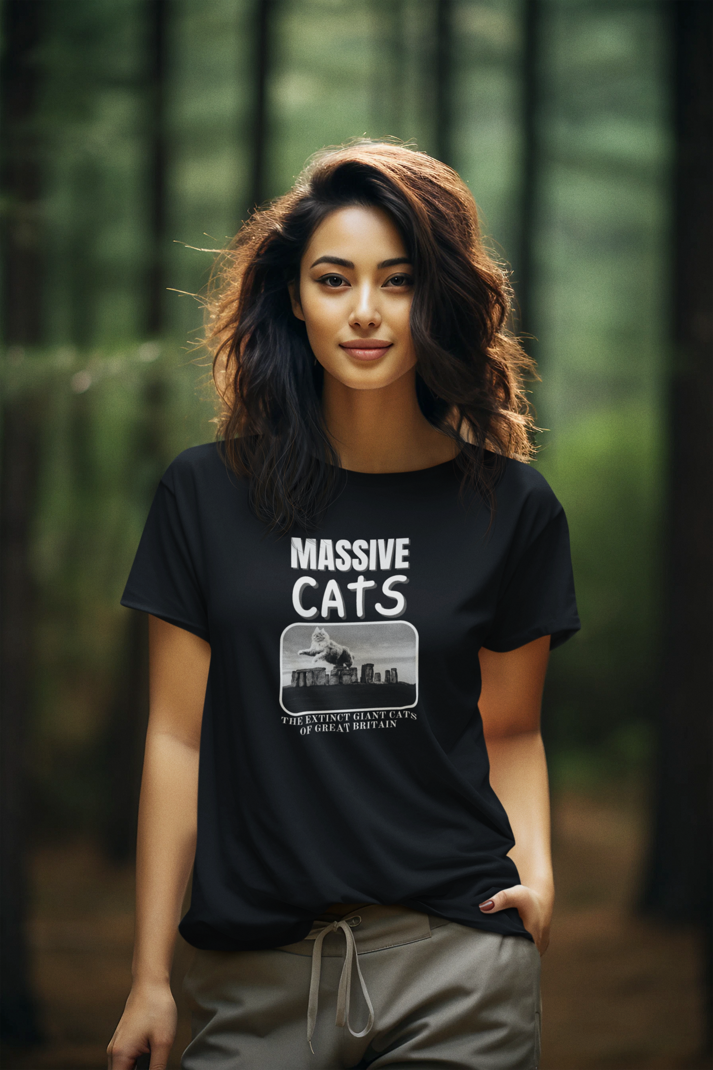 A Massive Cats T-Shirt - Huge Cat Jumping Over Stone Henge - (Funny Cat Unisex Jersey Tee - Perfect for Cat Fans!)