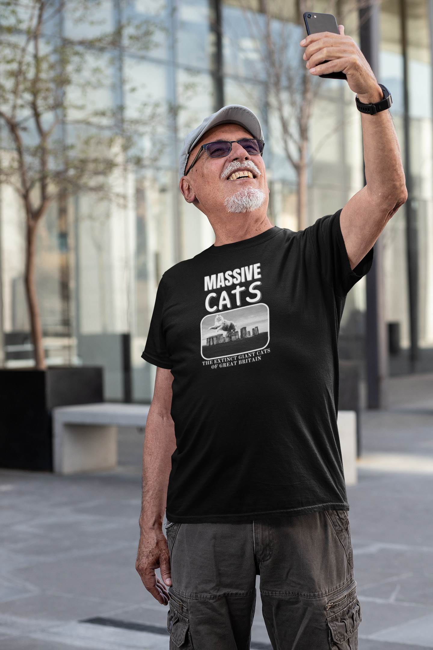 A Massive Cats T-Shirt - Huge Cat Jumping Over Stone Henge - (Funny Cat Unisex Jersey Tee - Perfect for Cat Fans!)