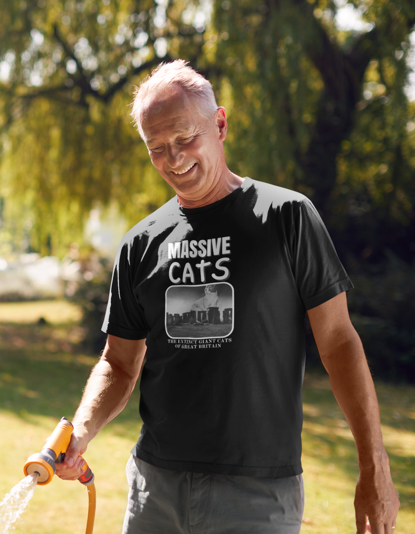 A Massive Cats T-Shirt - Huge Cat Sitting Behind Stone Henge - (Vintage Inspired, Funny Cat Unisex Jersey Tee - Perfect for Cat Fans!)