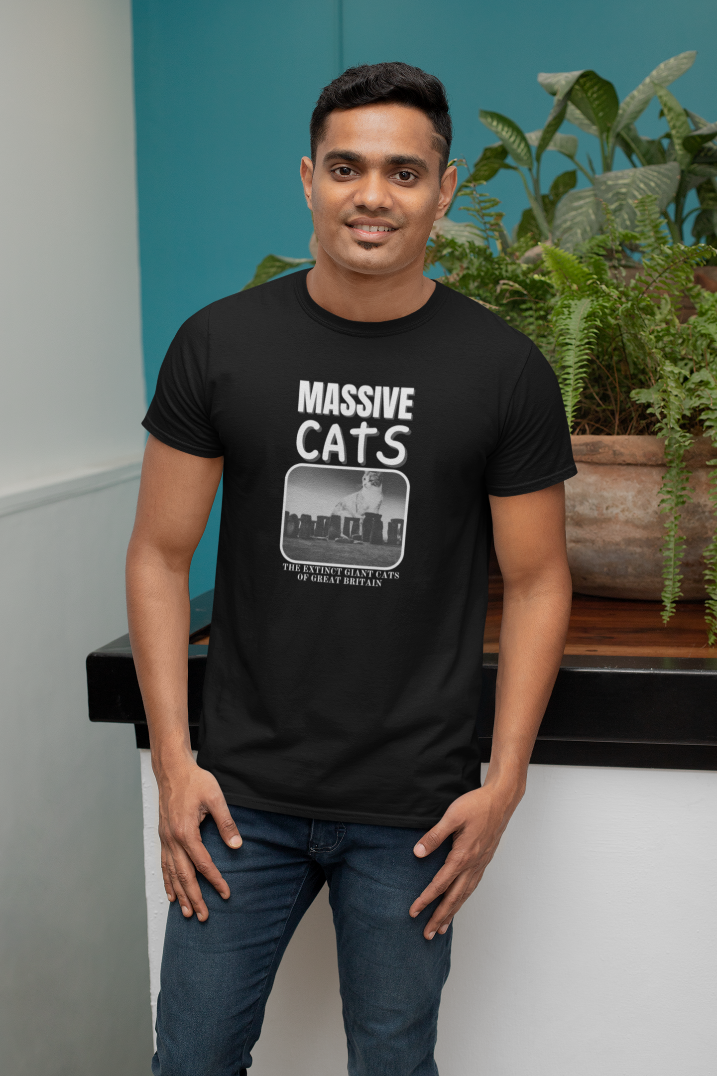 A Massive Cats T-Shirt - Huge Cat Sitting Behind Stone Henge - (Vintage Inspired, Funny Cat Unisex Jersey Tee - Perfect for Cat Fans!)