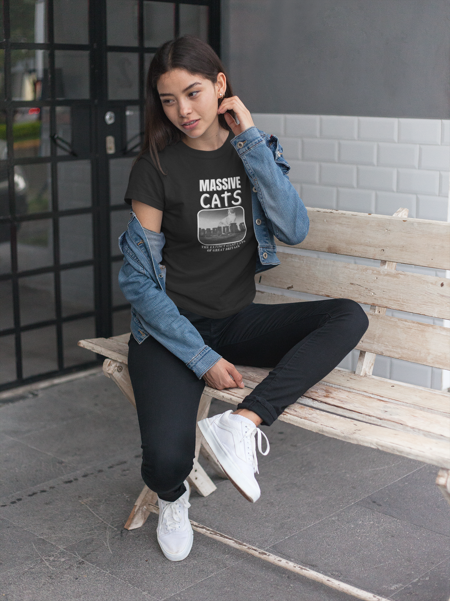A Massive Cats T-Shirt - Huge Cat Sitting Behind Stone Henge - (Vintage Inspired, Funny Cat Unisex Jersey Tee - Perfect for Cat Fans!)
