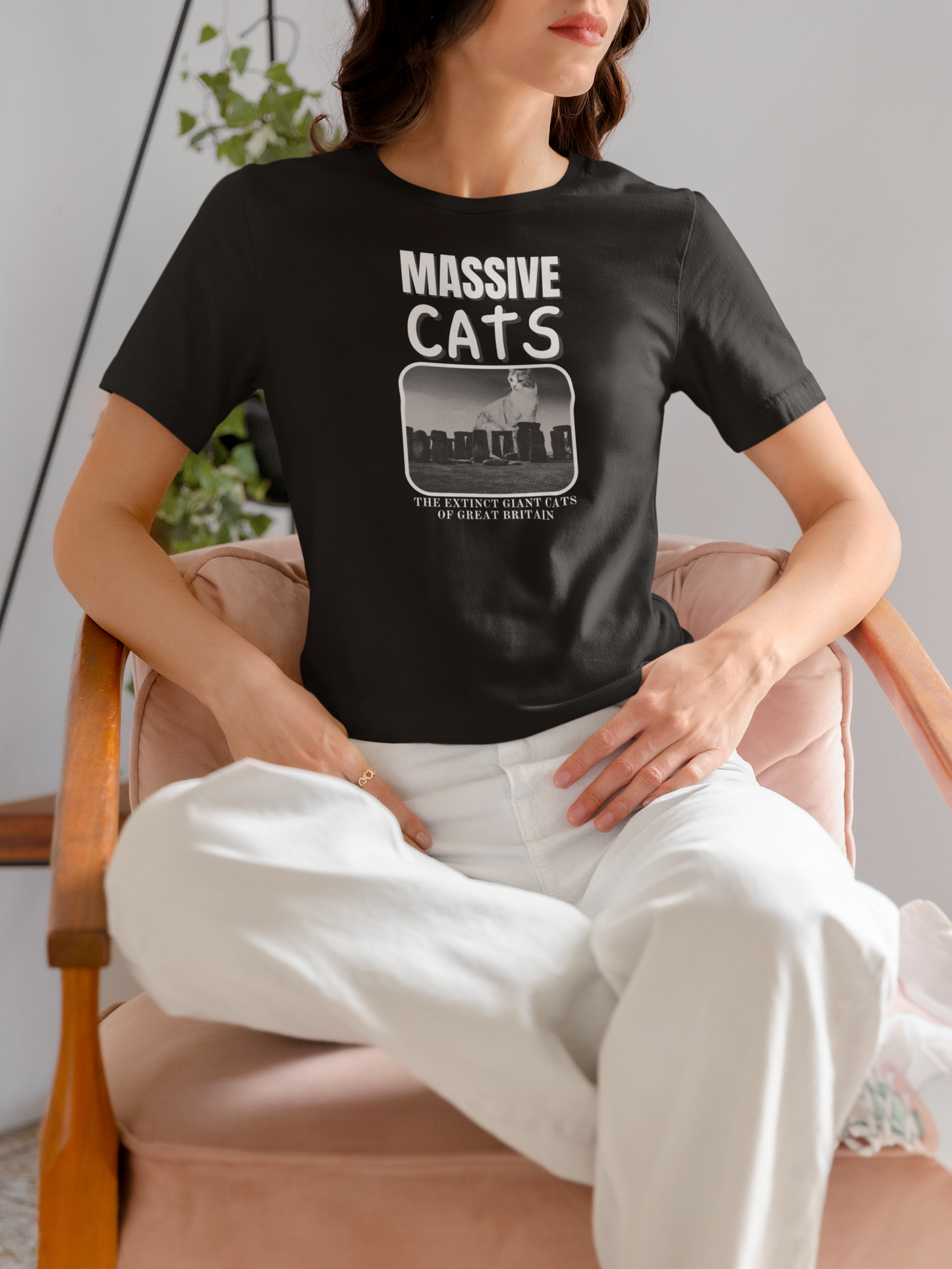 A Massive Cats T-Shirt - Huge Cat Sitting Behind Stone Henge - (Vintage Inspired, Funny Cat Unisex Jersey Tee - Perfect for Cat Fans!)