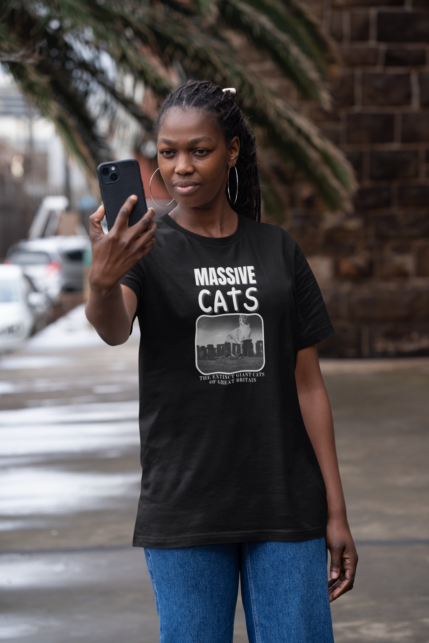 A Massive Cats T-Shirt - Huge Cat Sitting Behind Stone Henge - (Vintage Inspired, Funny Cat Unisex Jersey Tee - Perfect for Cat Fans!)