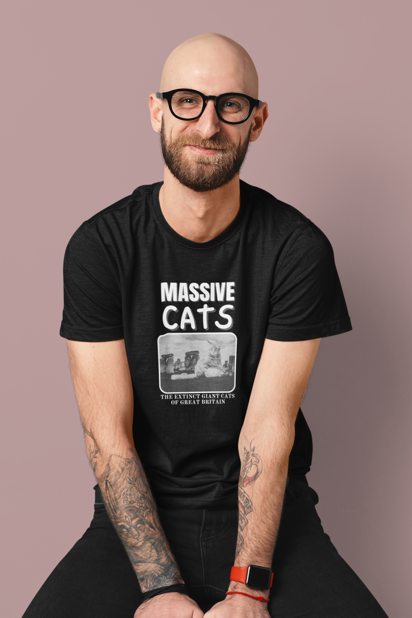 A Massive Cats T-Shirt - Huge Cat Sitting In Front of Stone Henge - (Vintage Inspired, Funny Cat Unisex Jersey Tee - Perfect for Cat Fans!)