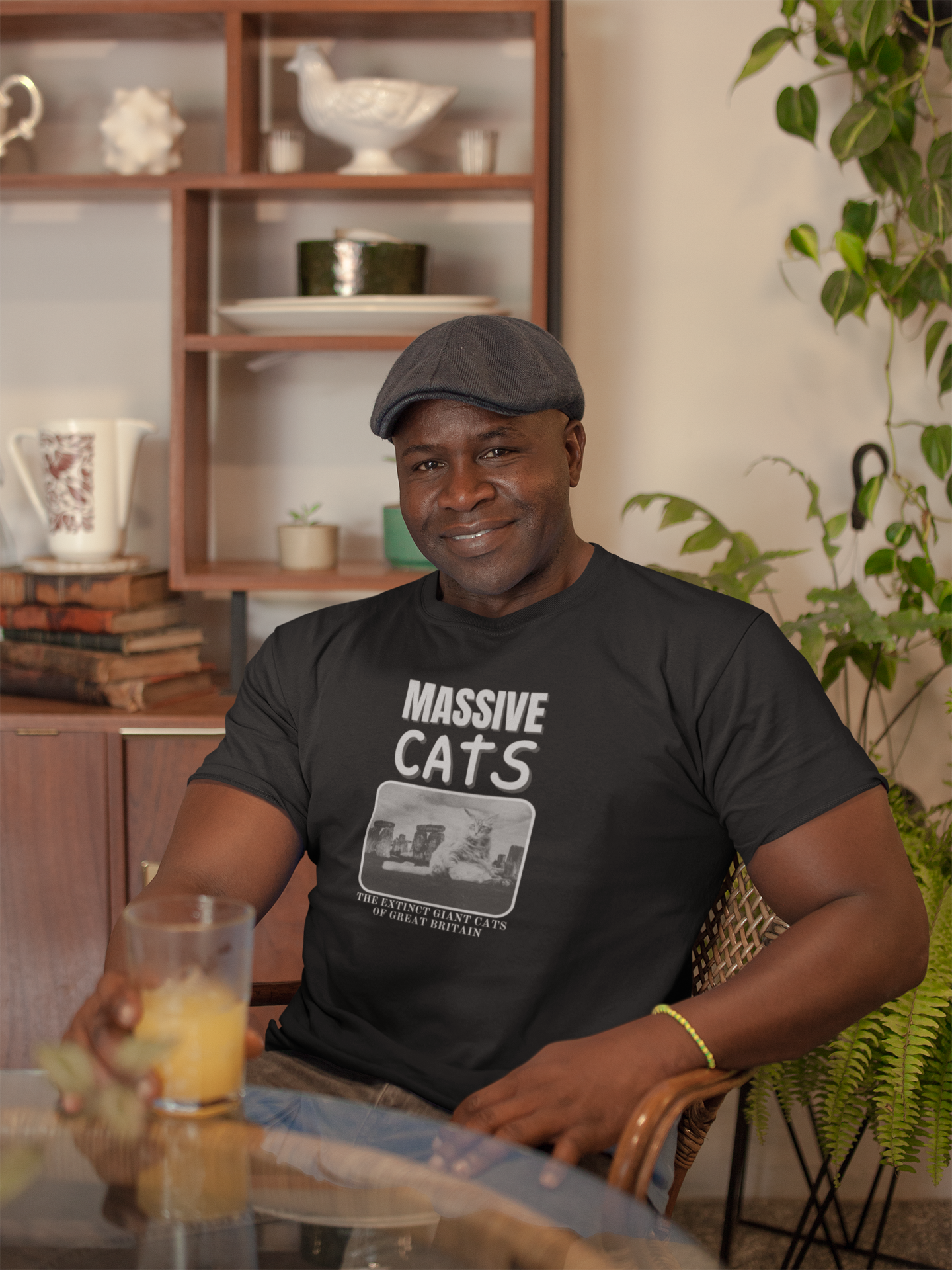 A Massive Cats T-Shirt - Huge Cat Sitting In Front of Stone Henge - (Vintage Inspired, Funny Cat Unisex Jersey Tee - Perfect for Cat Fans!)