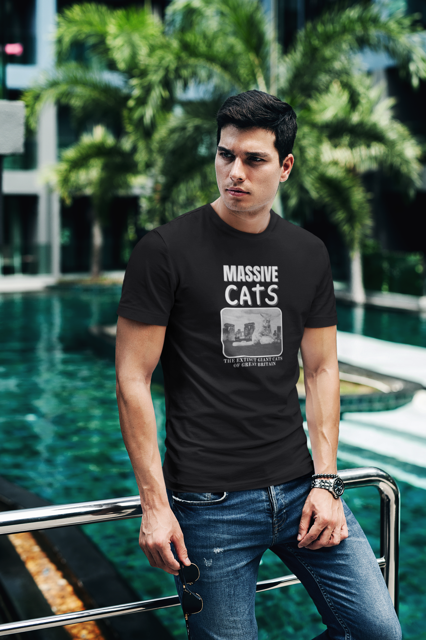 A Massive Cats T-Shirt - Huge Cat Sitting In Front of Stone Henge - (Vintage Inspired, Funny Cat Unisex Jersey Tee - Perfect for Cat Fans!)