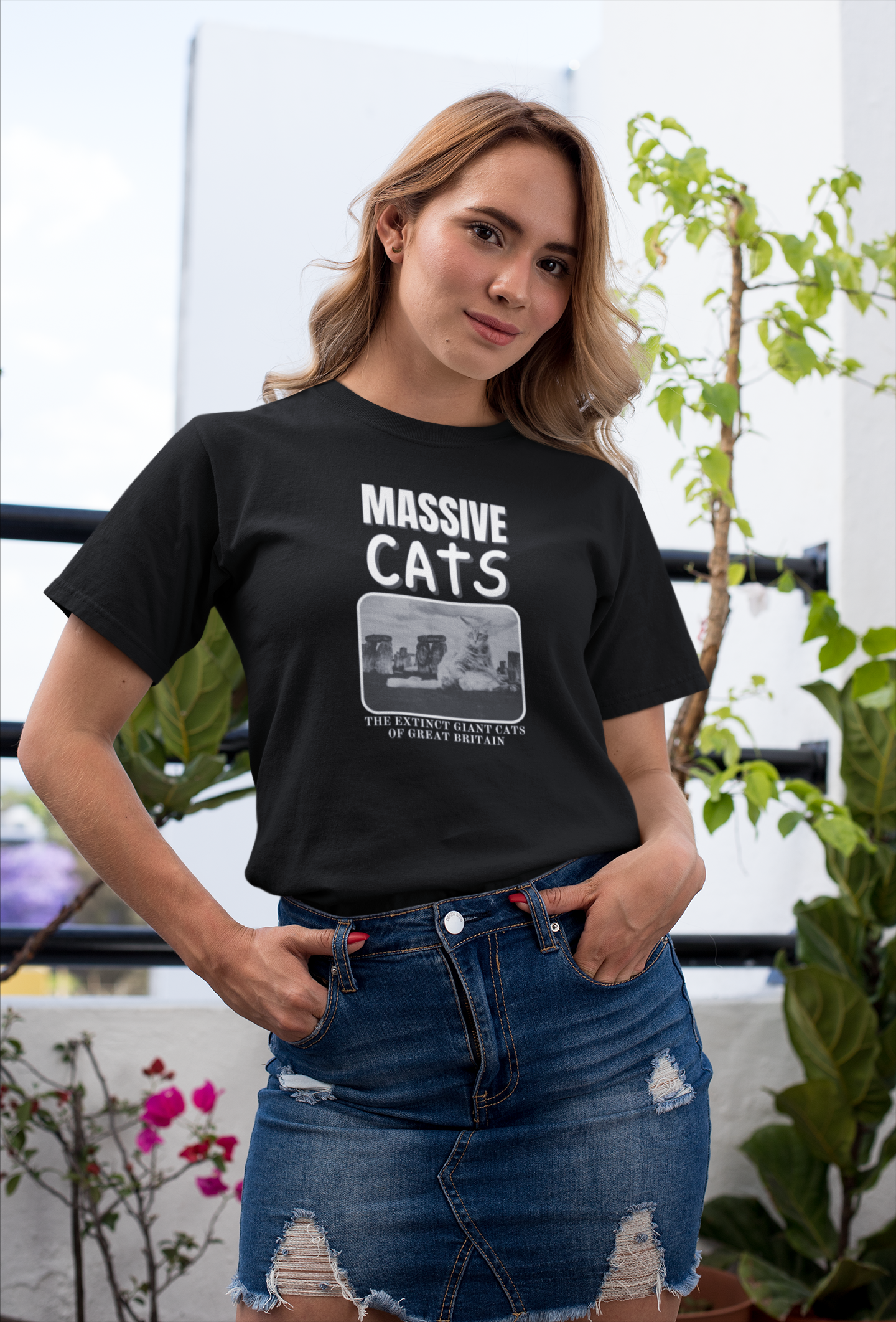 A Massive Cats T-Shirt - Huge Cat Sitting In Front of Stone Henge - (Vintage Inspired, Funny Cat Unisex Jersey Tee - Perfect for Cat Fans!)