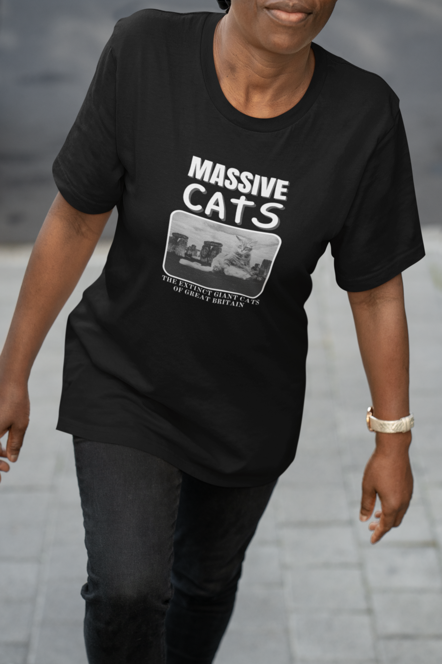 A Massive Cats T-Shirt - Huge Cat Sitting In Front of Stone Henge - (Vintage Inspired, Funny Cat Unisex Jersey Tee - Perfect for Cat Fans!)