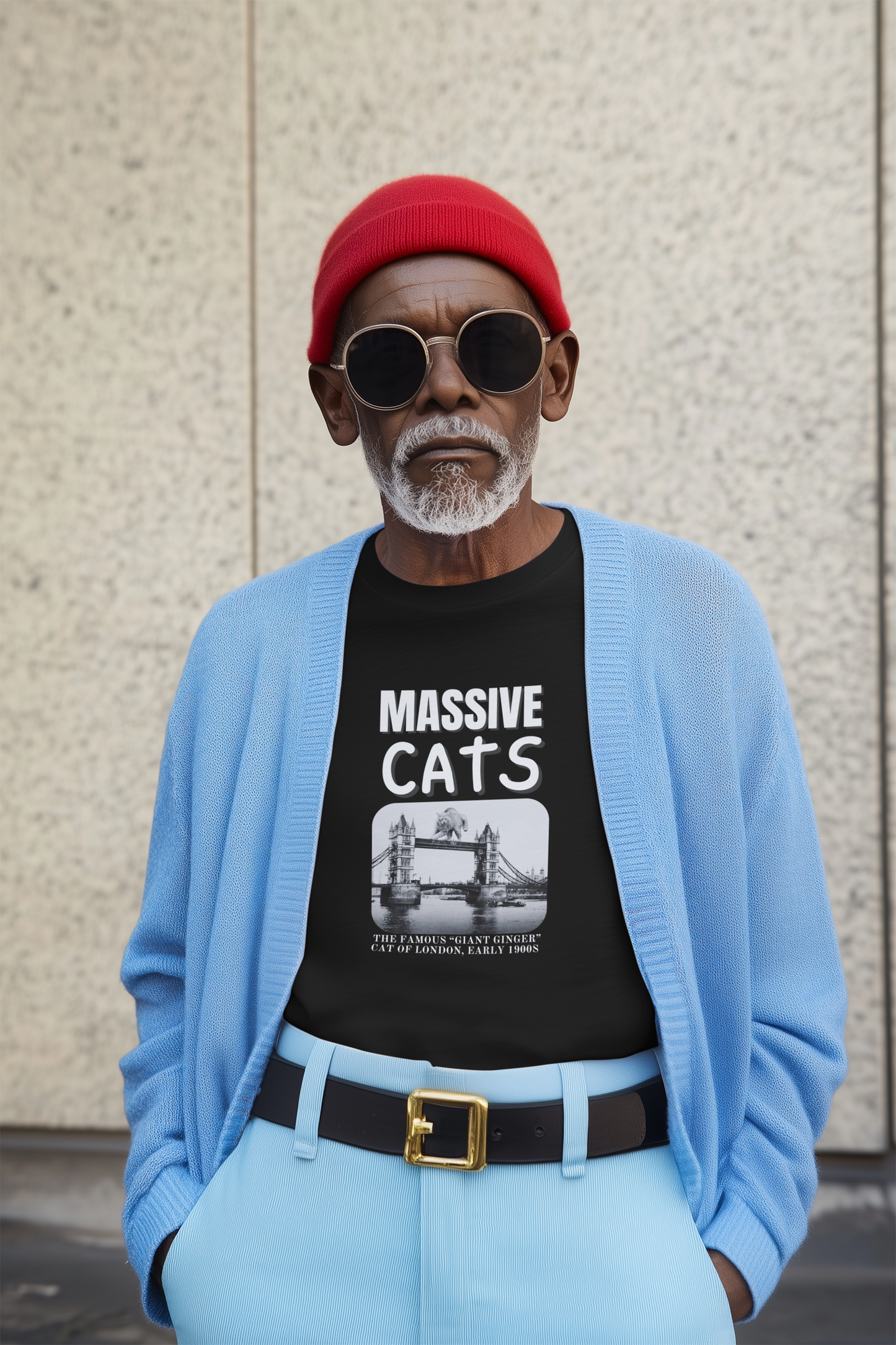 A Massive Cats T-Shirt - Huge Cat on Tower Bridge, London - (Vintage London Design, Funny Cat Unisex Jersey Tee - Perfect for Cat Fans!)
