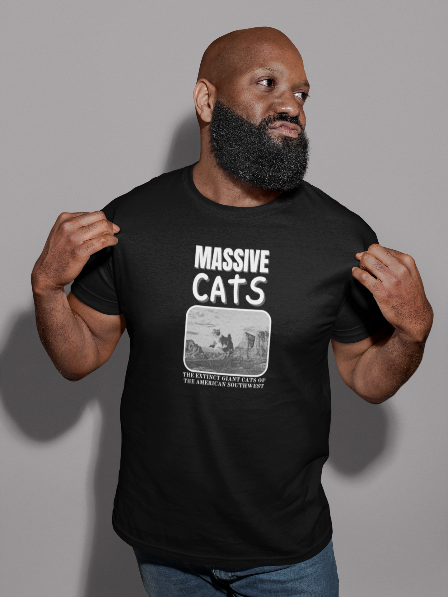 A Massive Cats T-Shirt - Huge Cat Jumping Over Hill - (Vintage Inspired, Funny Cat Unisex Jersey Tee - Perfect for Cat Fans!)