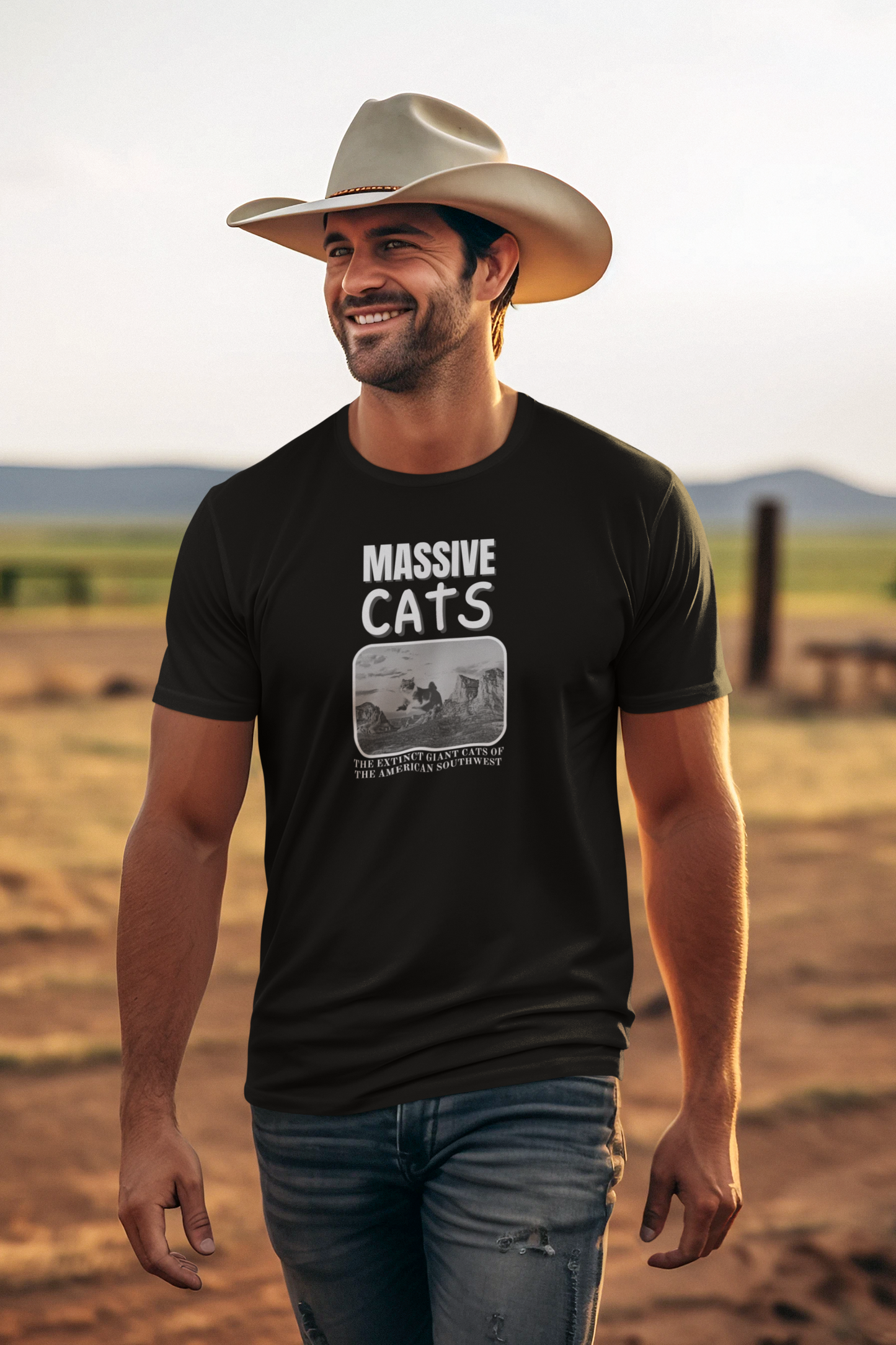 A Massive Cats T-Shirt - Huge Cat Jumping Over Hill - (Vintage Inspired, Funny Cat Unisex Jersey Tee - Perfect for Cat Fans!)