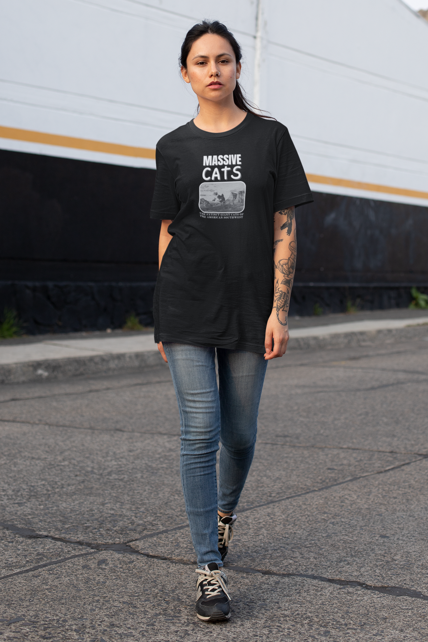 A Massive Cats T-Shirt - Huge Cat Jumping Over Hill - (Vintage Inspired, Funny Cat Unisex Jersey Tee - Perfect for Cat Fans!)
