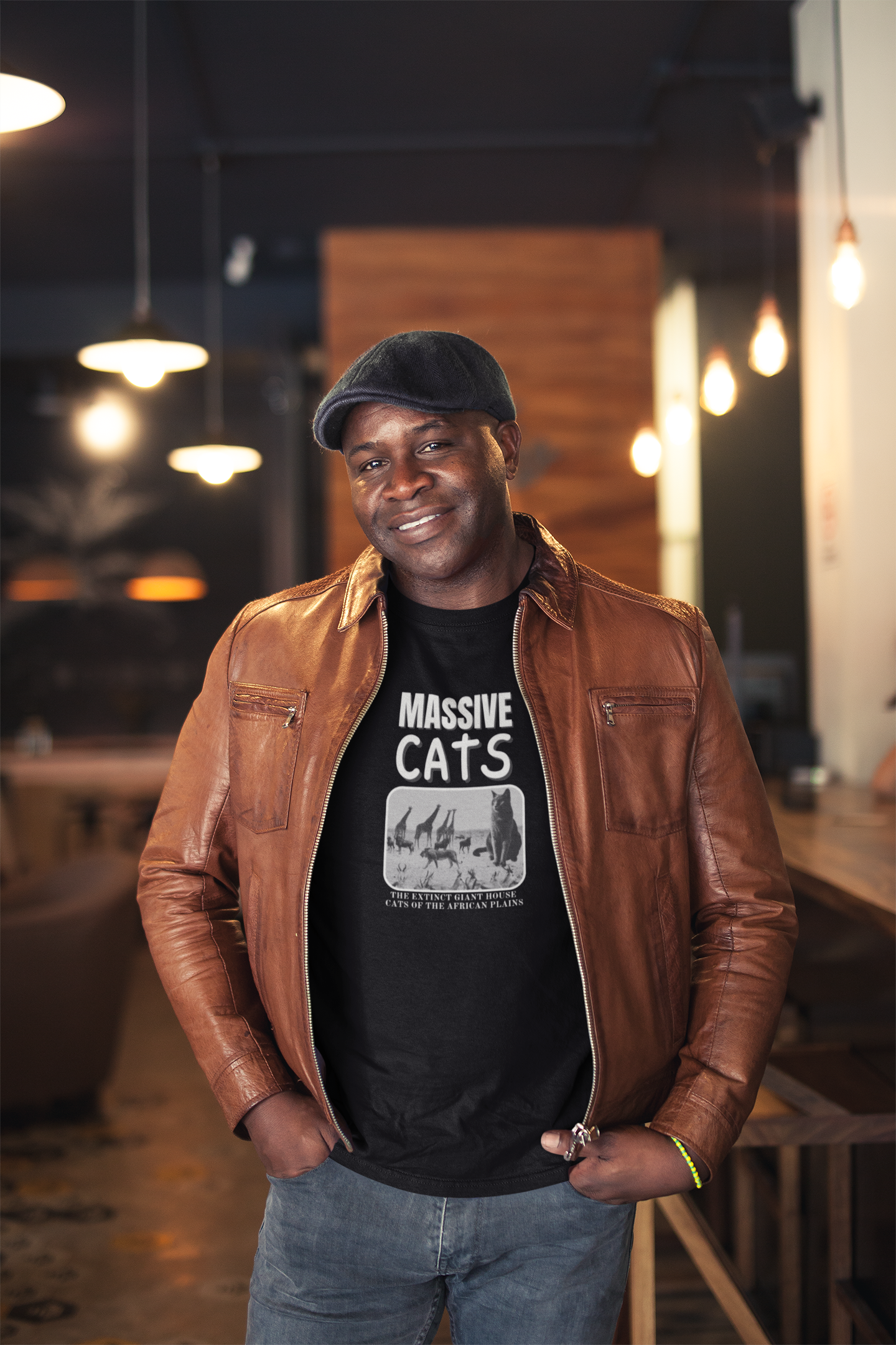 A Massive Cats T-Shirt - Huge House Cat on African Plain - (Vintage Inspired, Funny Cat Unisex Jersey Tee - Perfect for Cat Fans!)
