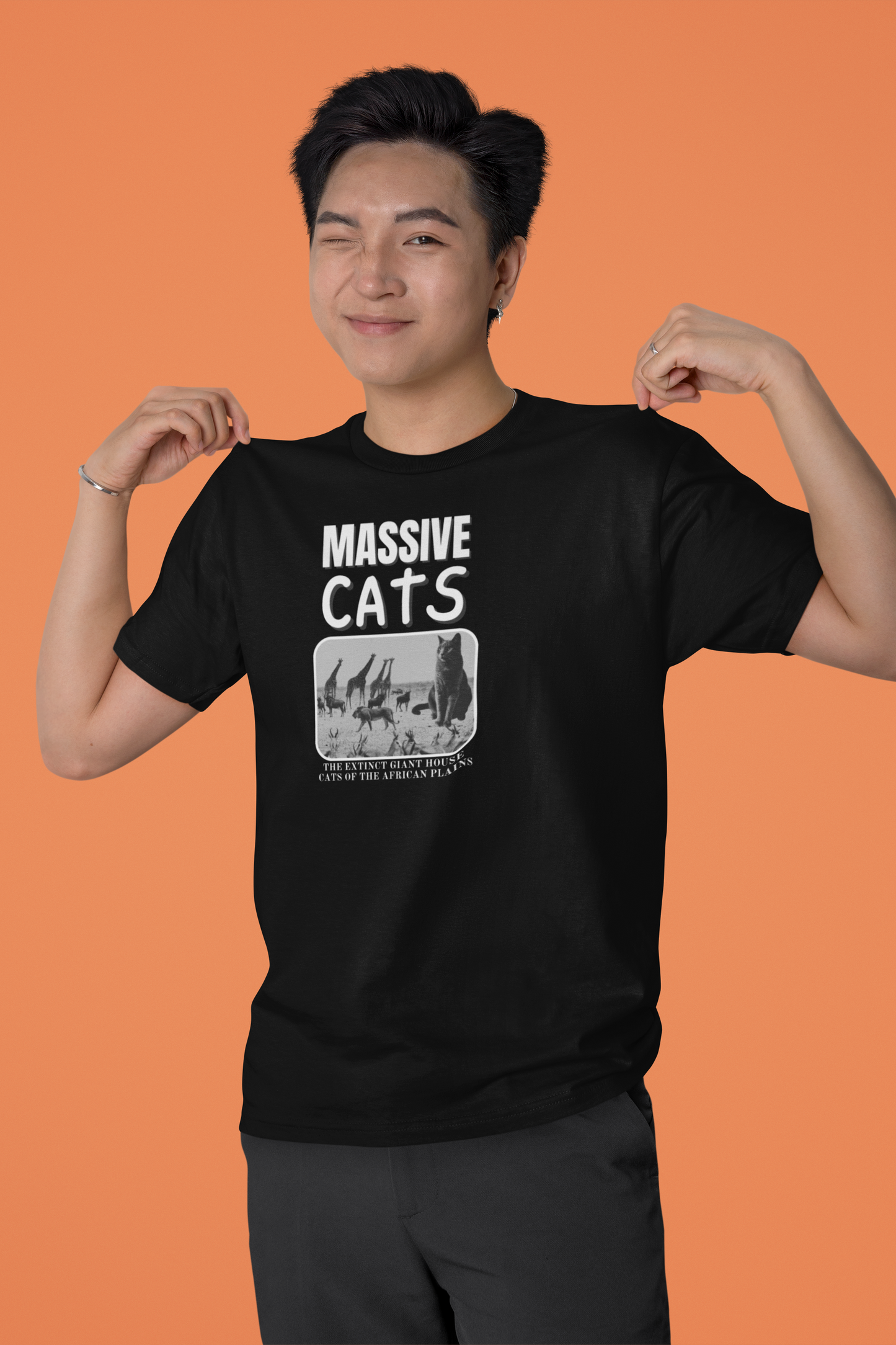 A Massive Cats T-Shirt - Huge House Cat on African Plain - (Vintage Inspired, Funny Cat Unisex Jersey Tee - Perfect for Cat Fans!)