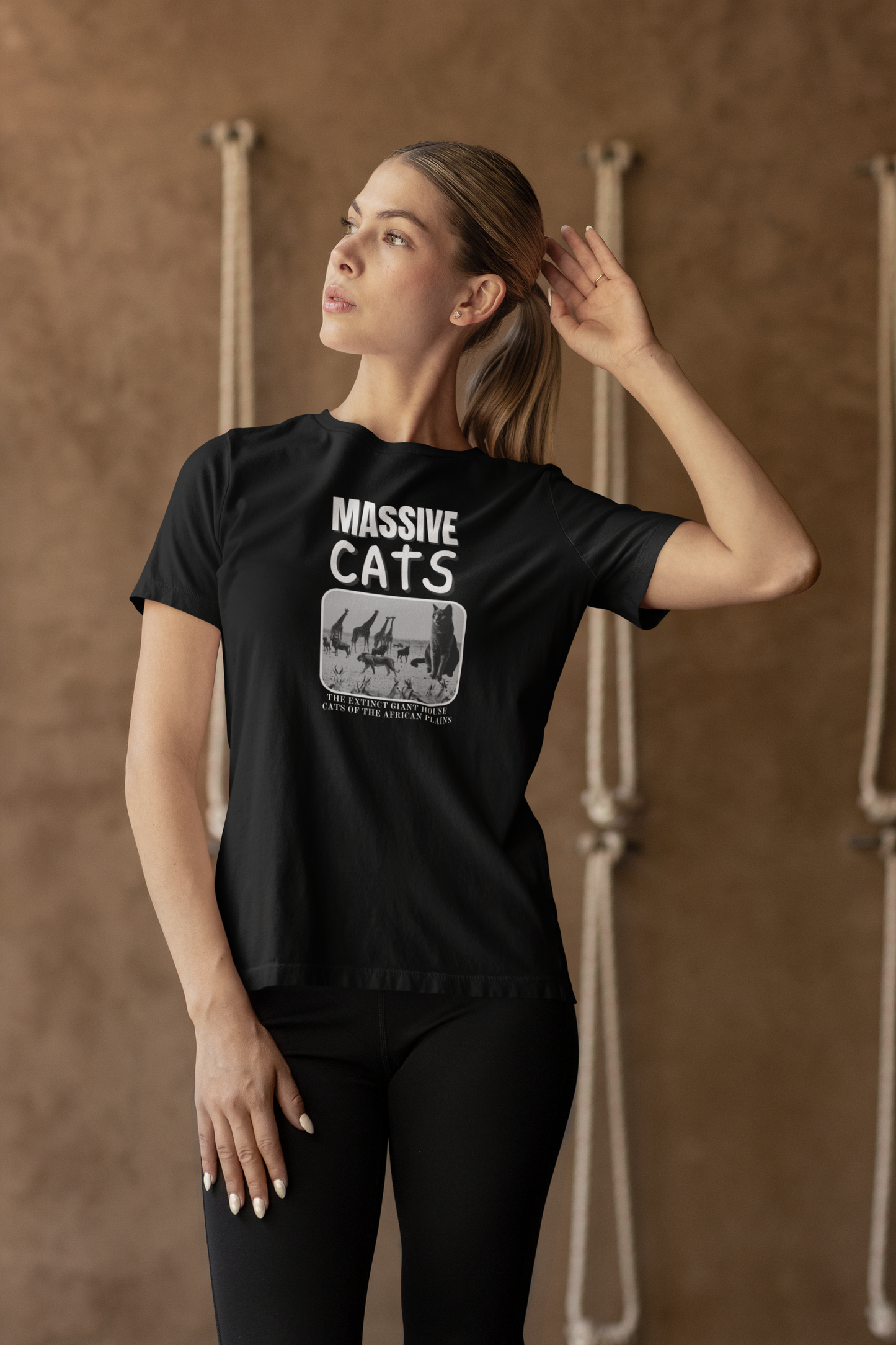 A Massive Cats T-Shirt - Huge House Cat on African Plain - (Vintage Inspired, Funny Cat Unisex Jersey Tee - Perfect for Cat Fans!)