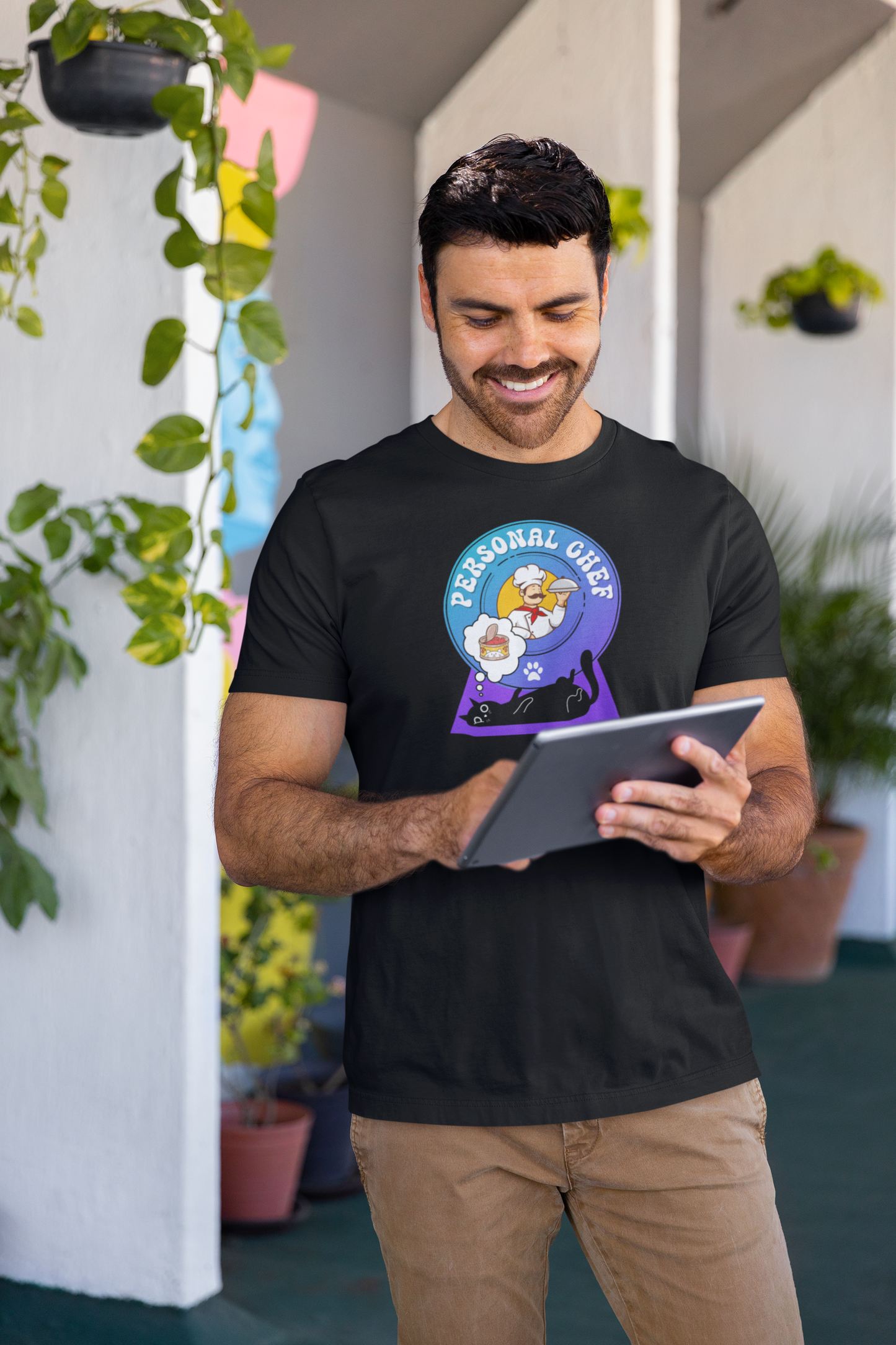 Personal Chef for Cats T-Shirt (#2 - Black Cat & Italian Chef, Blue Purple Design - Unisex Jersey Tee ā Perfect Cat Care Givers!)