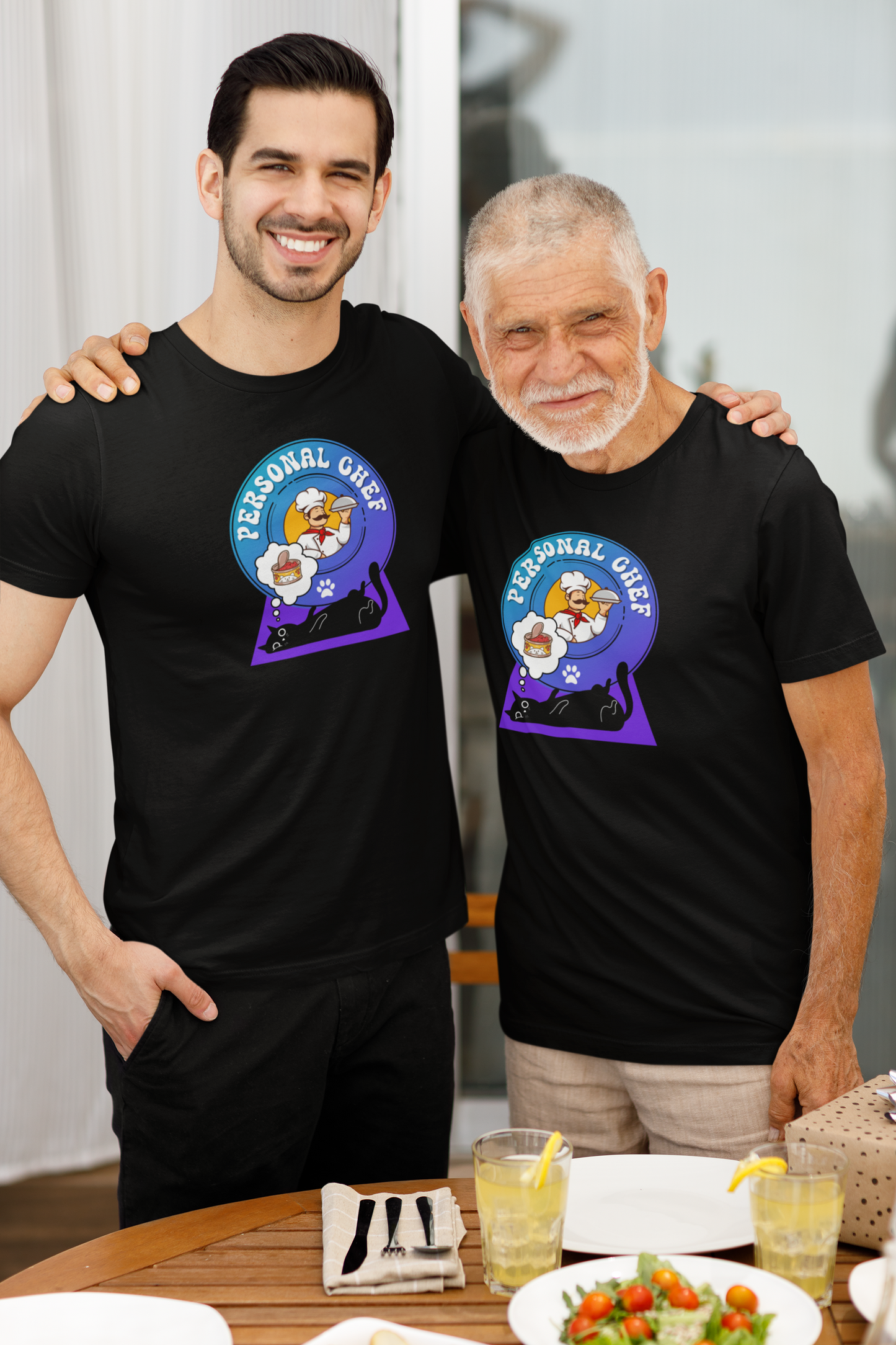 Personal Chef for Cats T-Shirt (#2 - Black Cat & Italian Chef, Blue Purple Design - Unisex Jersey Tee ā Perfect Cat Care Givers!)