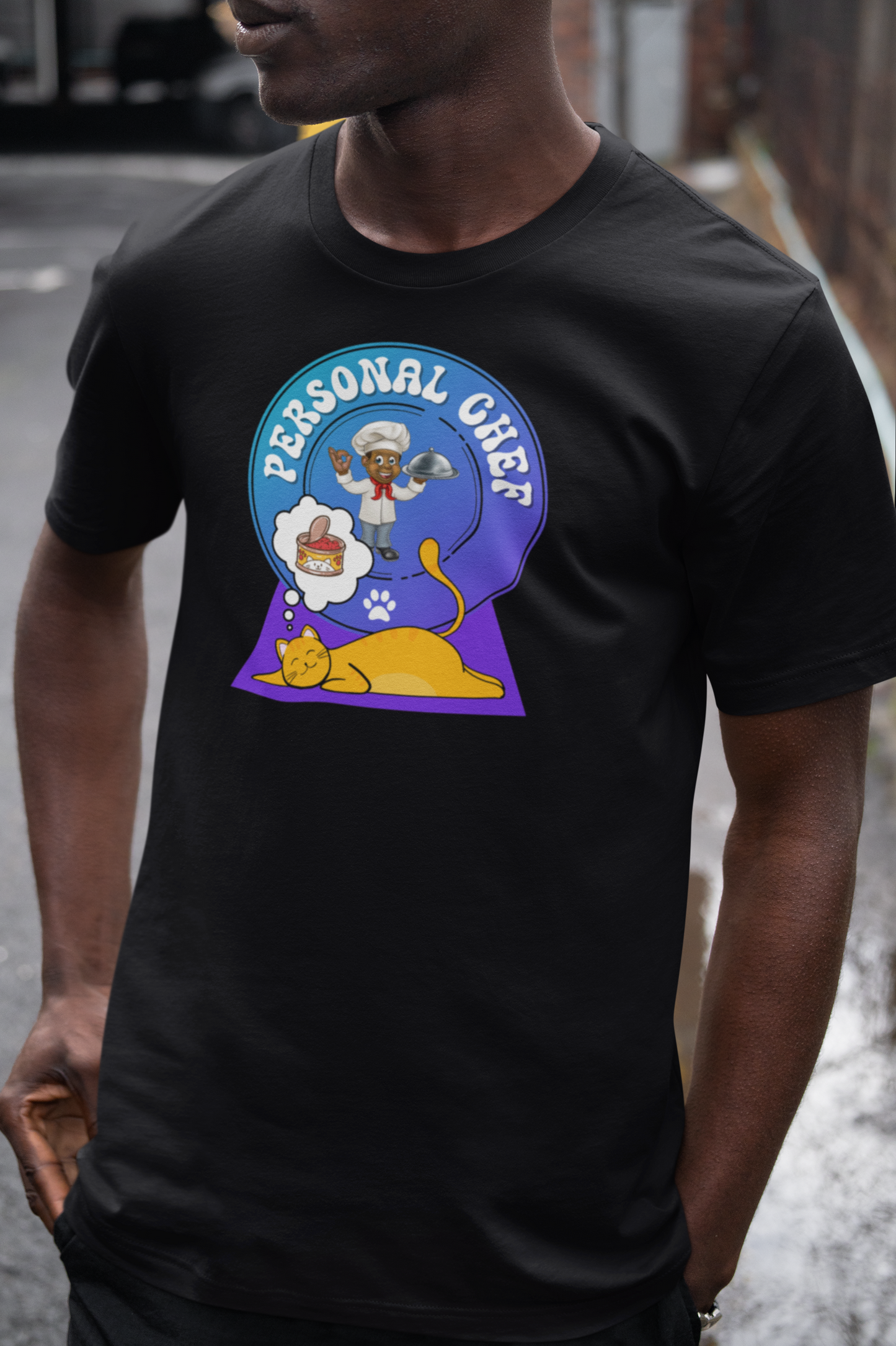 Personal Chef for Cats T-Shirt (#3 - Orange Cat & Chef Blue Purple Design - Unisex Jersey Tee – Perfect Cat Care Givers!)