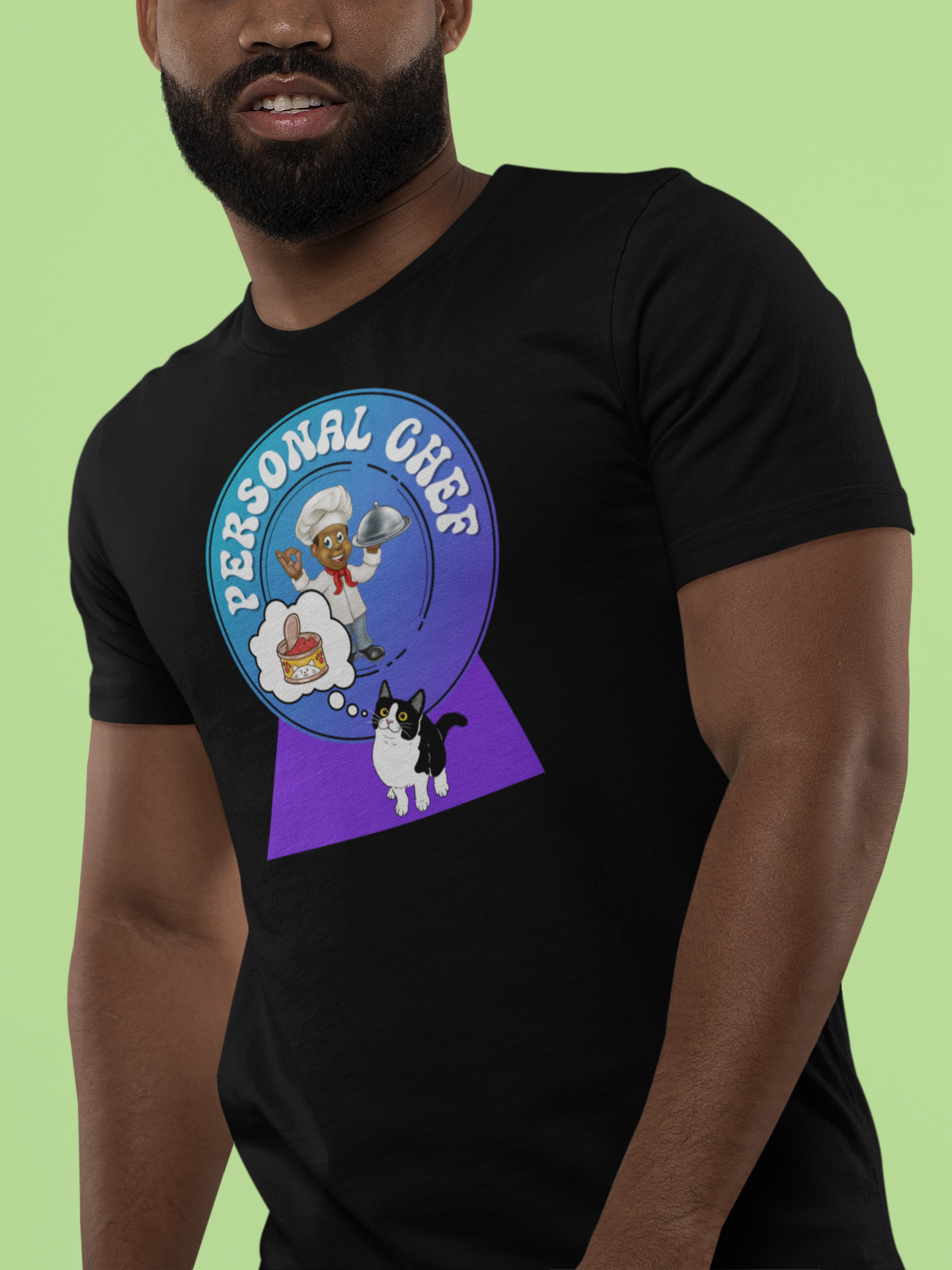 Personal Chef for Cats T-Shirt (#4 - Cat & Chef Blue Purple Design - Unisex Jersey Tee ā Perfect Cat Care Givers!)