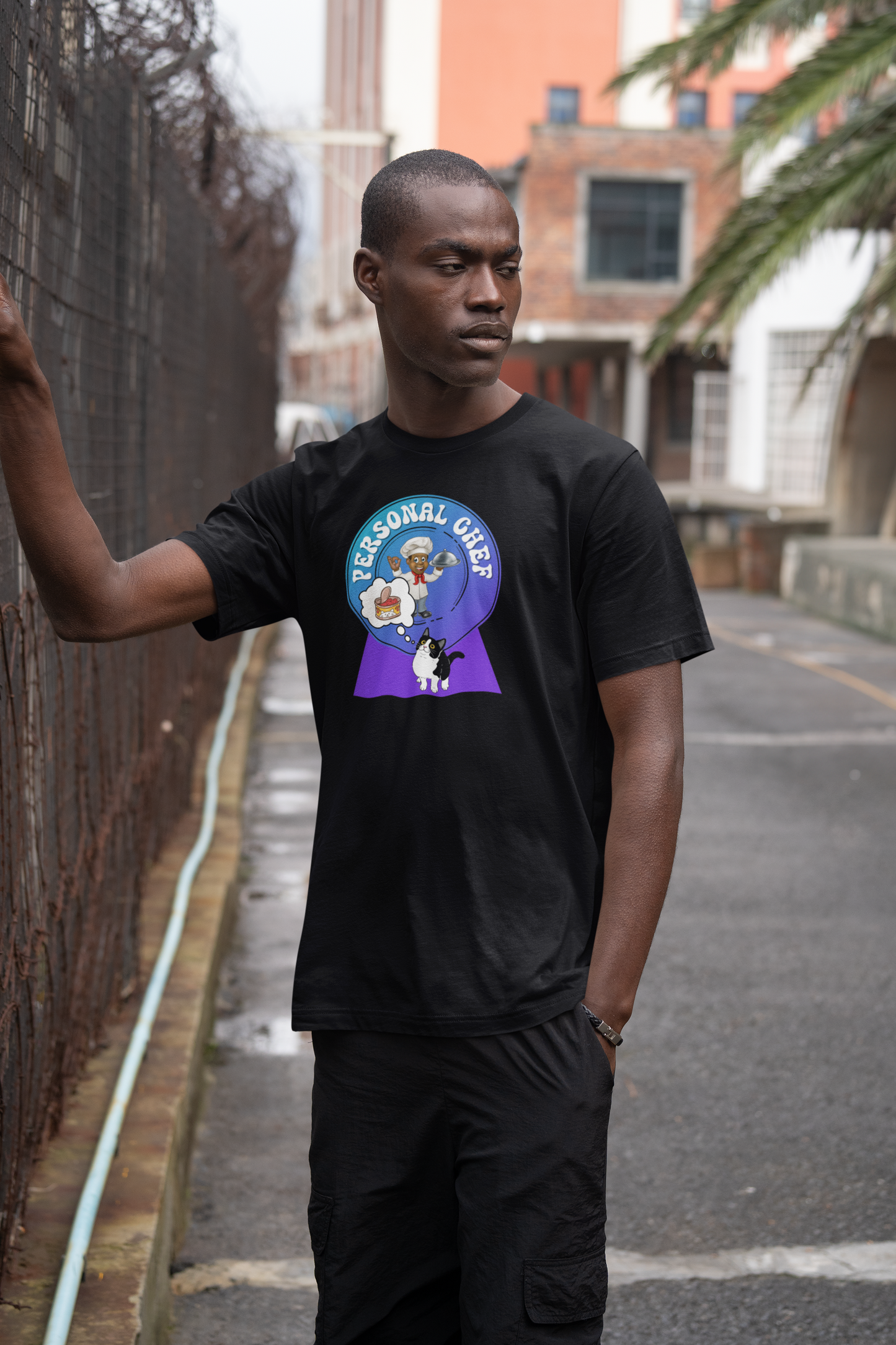 Personal Chef for Cats T-Shirt (#4 - Cat & Chef Blue Purple Design - Unisex Jersey Tee ā Perfect Cat Care Givers!)