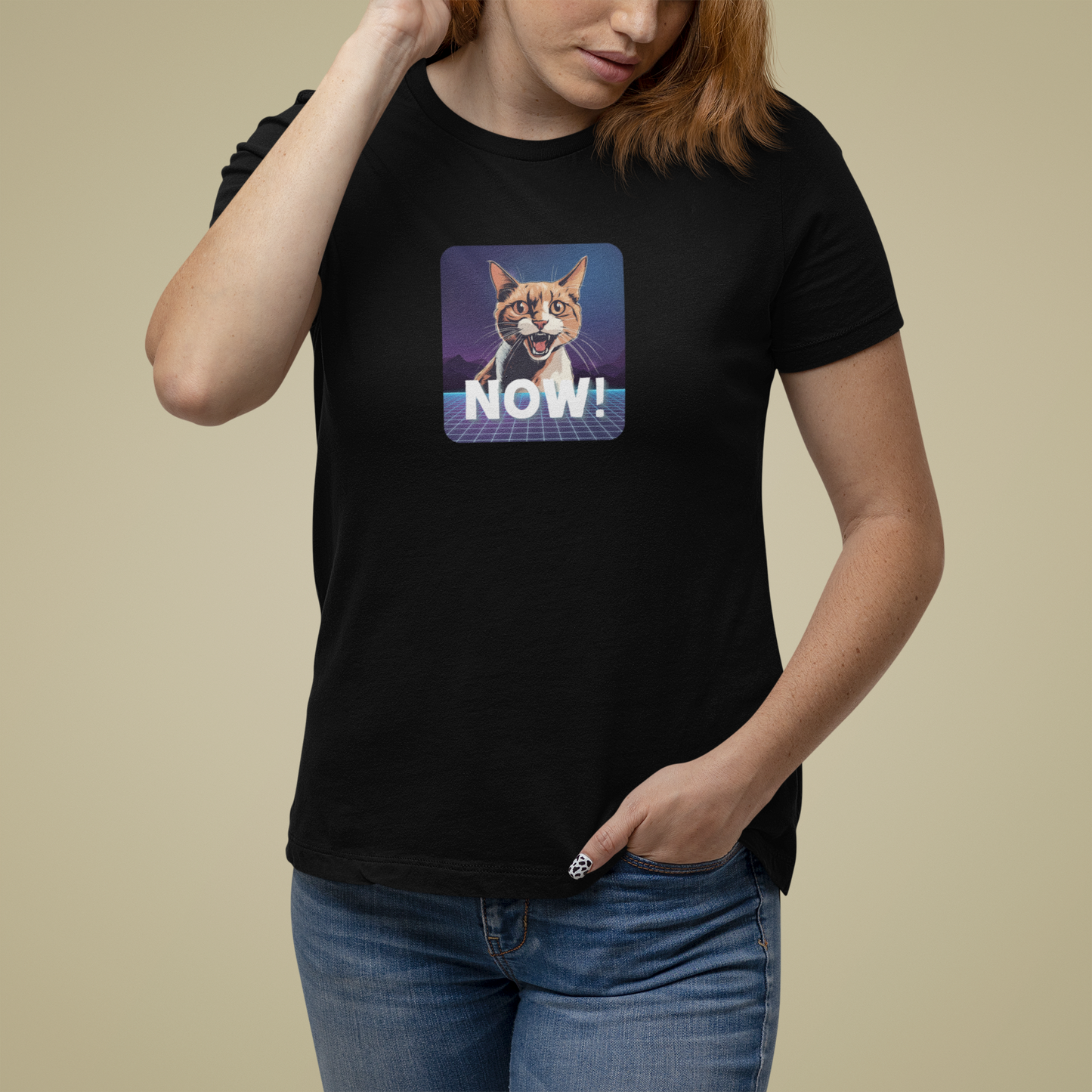 "NOW Cat" Retro Graphic T-Shirt - (Unisex Short Sleeve Tee - Fun & Quirky Design for Cat Fans)