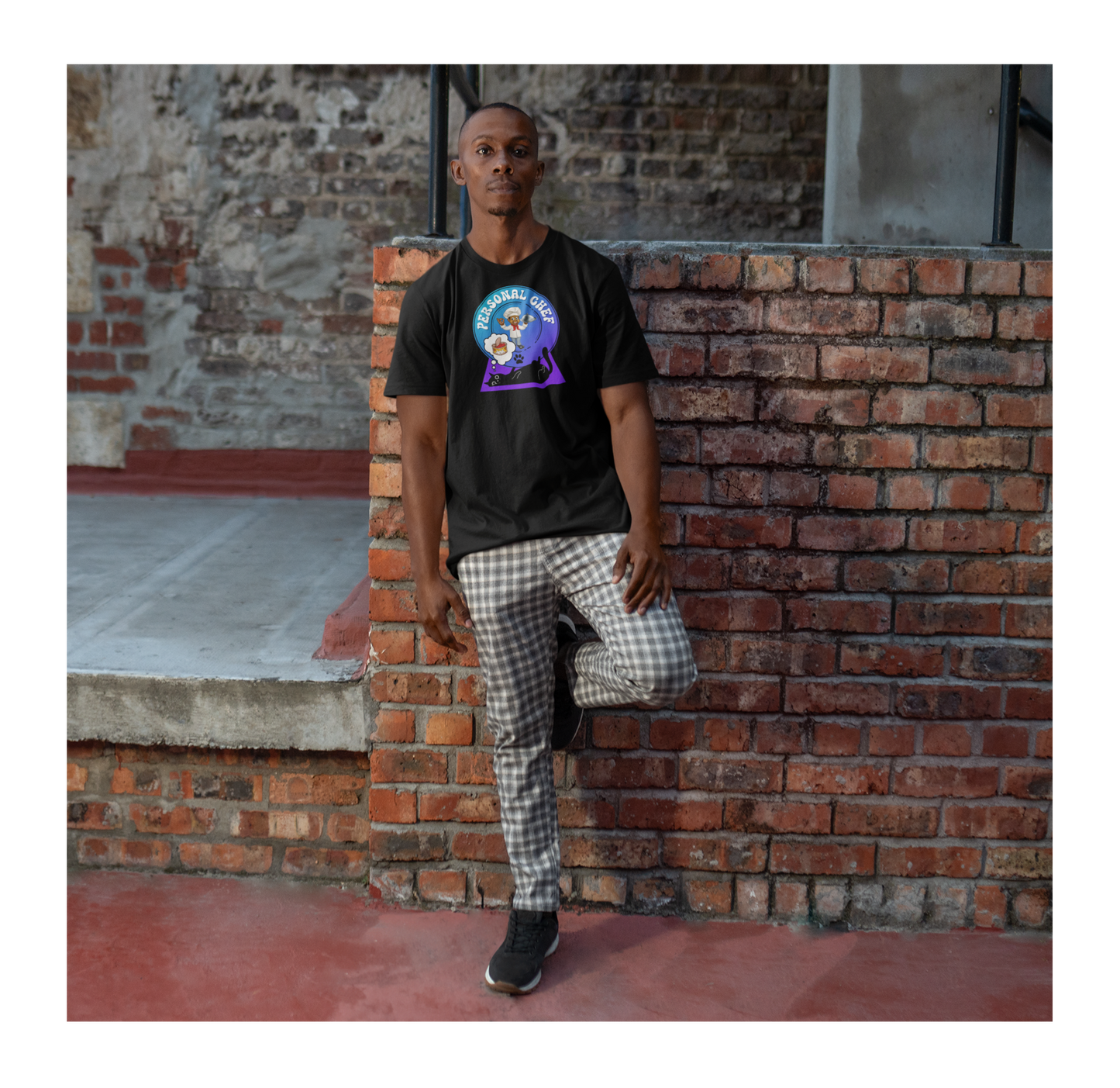 Personal Chef for Cats T-Shirt (#5 - Black Cat & Chef Blue Purple Design - Unisex Jersey Tee – Perfect Cat Care Givers!)