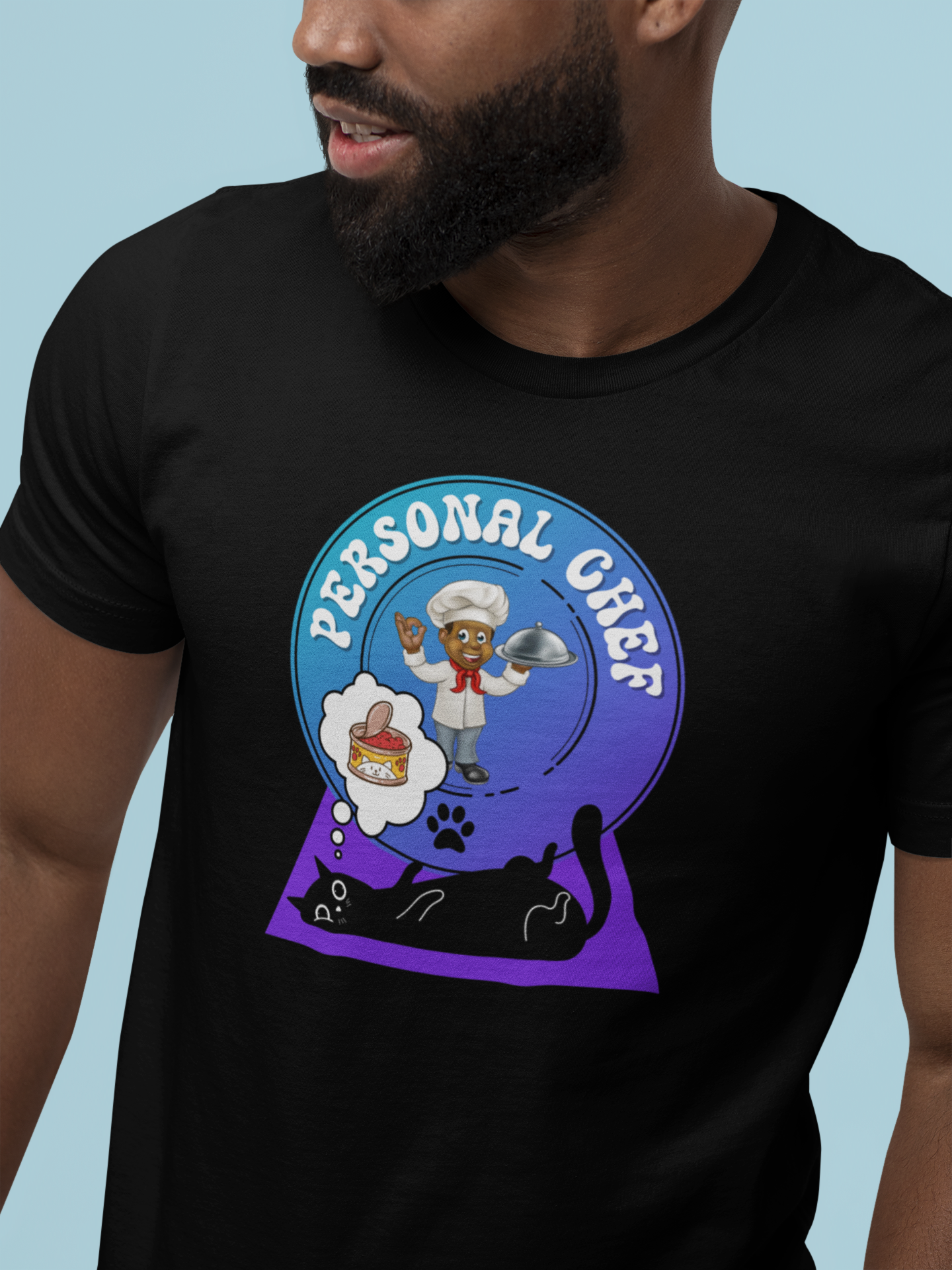 Personal Chef for Cats T-Shirt (#5 - Black Cat & Chef Blue Purple Design - Unisex Jersey Tee – Perfect Cat Care Givers!)