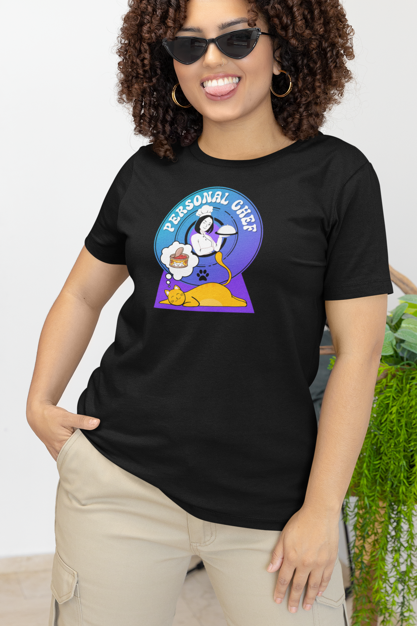 Personal Chef for Cats T-Shirt - (#6 - Orange Cat & Chef Blue Purple Design - Unisex Jersey Tee – Perfect for Cat Care Givers!)