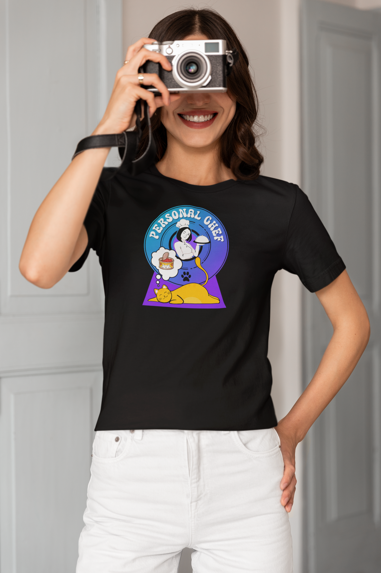 Personal Chef for Cats T-Shirt - (#6 - Orange Cat & Chef Blue Purple Design - Unisex Jersey Tee – Perfect for Cat Care Givers!)
