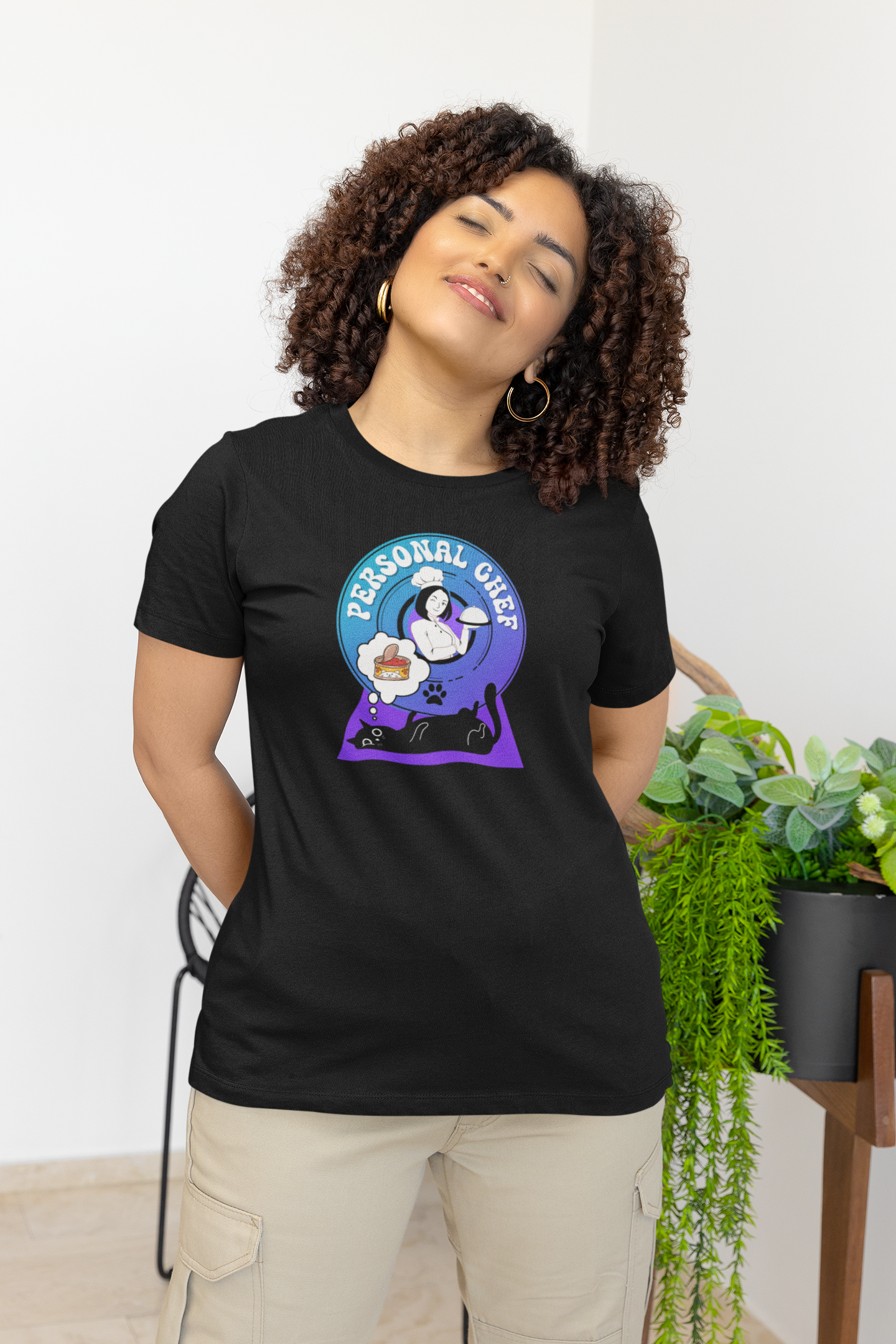 Personal Chef for Cats T-Shirt - (#7 - Black Cat & Chef Blue Purple Design - Unisex Jersey Tee – Perfect for Cat Care Givers!)