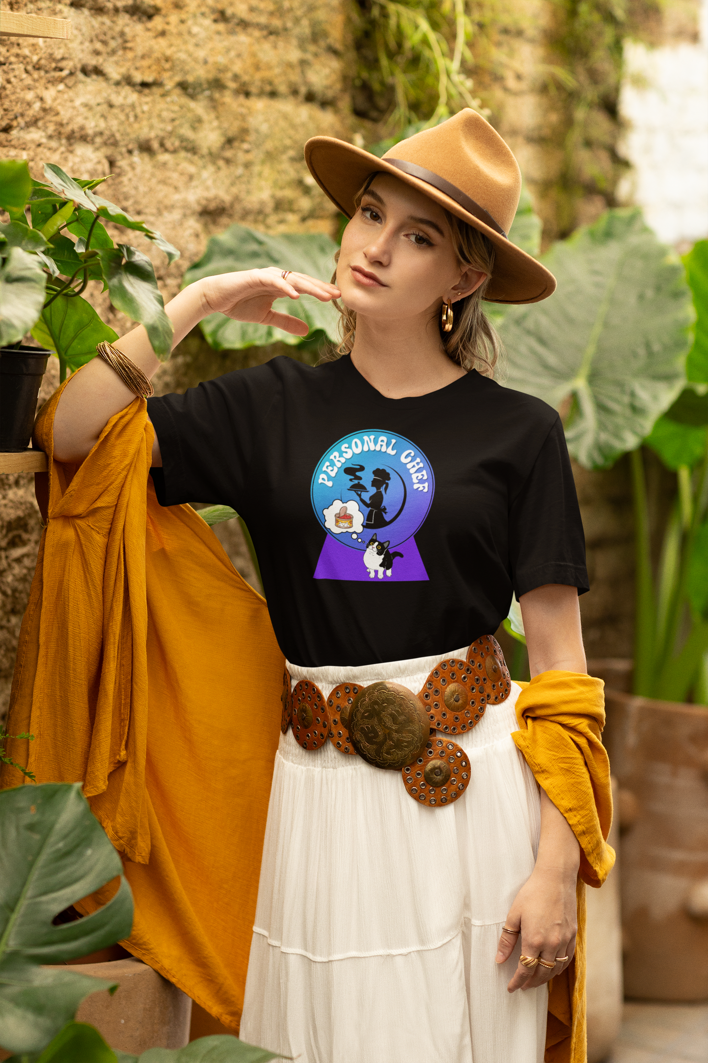 Personal Chef for Cats T-Shirt - (#9 - B/W Cat & Chef Silhouette Blue Purple Design - Unisex Jersey Tee ā Perfect for Cat Care Givers!)
